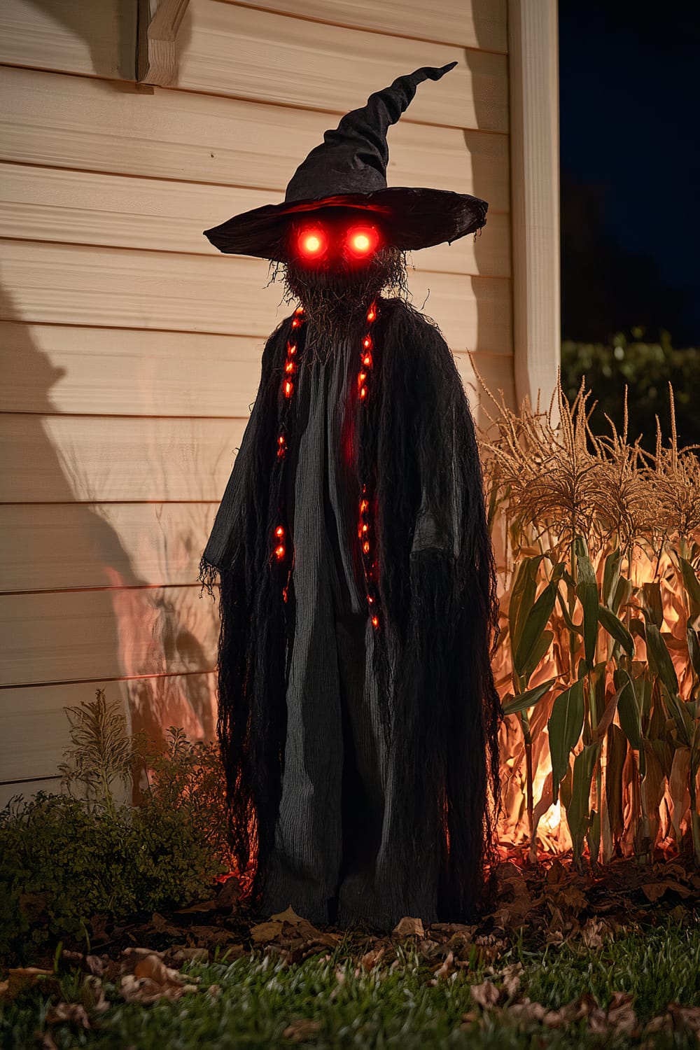 A Halloween decoration featuring a scarecrow with glowing red eyes, wearing a dark, tattered cloak and a witch hat. The scarecrow is standing against a house wall, surrounded by cornstalks and some autumn leaves. The scene is set at twilight with soft ambient lighting that casts long shadows, highlighting the scarecrow’s eerie appearance.