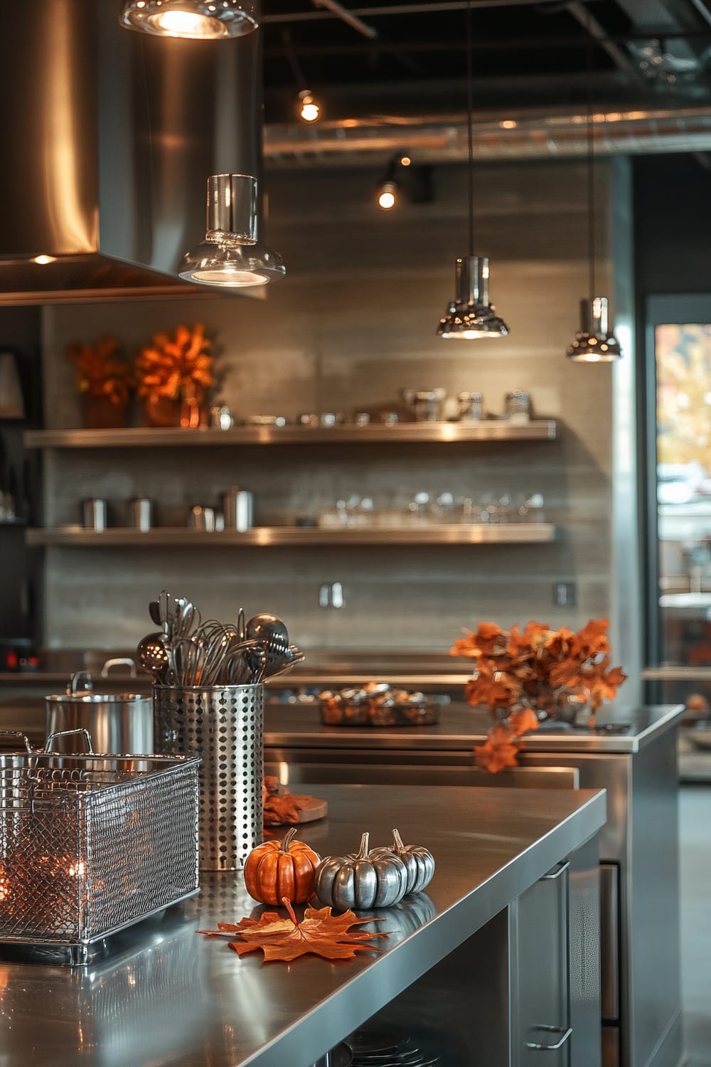 An industrial-style kitchen with stainless steel countertops and appliances. Overhead, metallic pendant lights hang, casting warm light onto the surfaces below. Small, autumn-themed decorations, including metallic pumpkins and artificial maple leaves, add seasonal charm to the space. Open shelving against the back wall holds glasses and jars, while kitchen utensils are organized in metal containers.