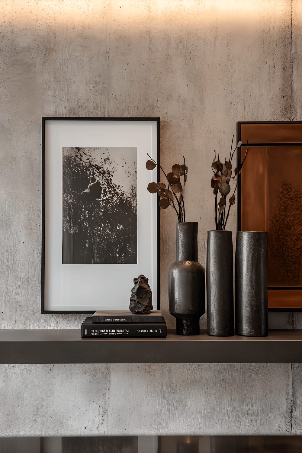 A close-up view of a feature wall in a modern apartment showcasing an arrangement of abstract metal sculptures and framed black-and-white photographs. A minimalist floating shelf holding a few decorative items. Soft side lighting illuminates the artistic textures and compositions.