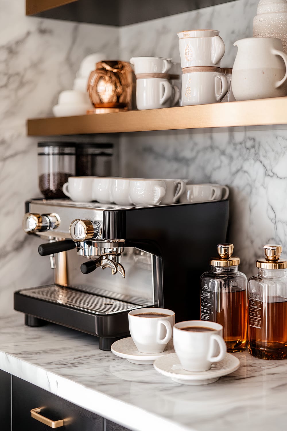 A marble countertop corner featuring a sleek black and chrome espresso machine. Two white cups filled with coffee are placed on matching saucers beside golden-capped glass syrup bottles. Above, a gold-accented shelf displays stacked white cups and a copper kettle, with two jars of coffee beans beside the espresso machine.