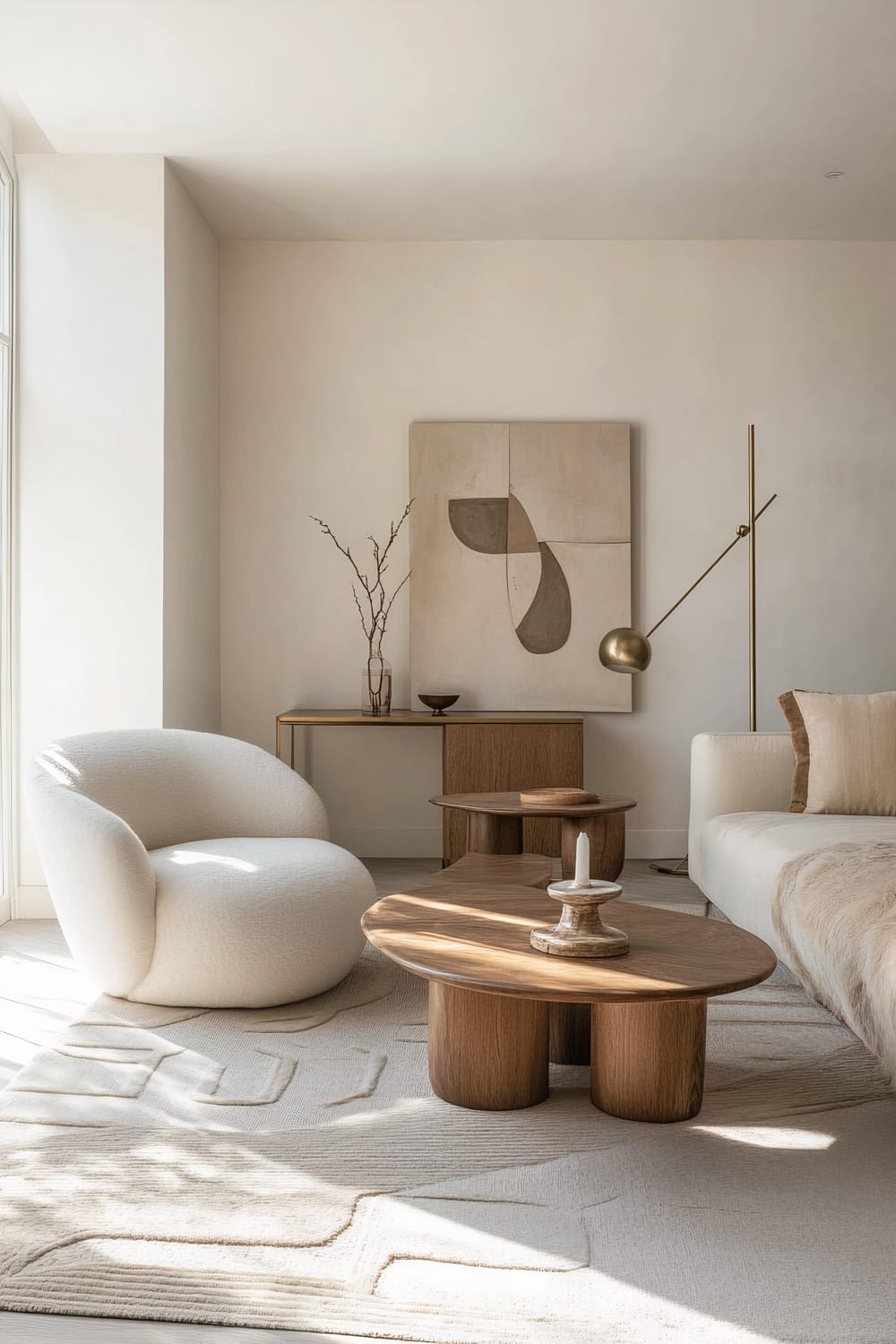 An elegantly minimalist living room featuring a white boucle chair, a beige sofa, and a pair of wooden coffee tables. The backdrop has a large abstract painting with organic shapes, and a slender gold floor lamp adds a touch of glamour. A white textured rug with geometric motifs covers the floor, creating a soft, serene atmosphere. A glass vase with sparse branches and a wooden bowl adorn the console table in the background.