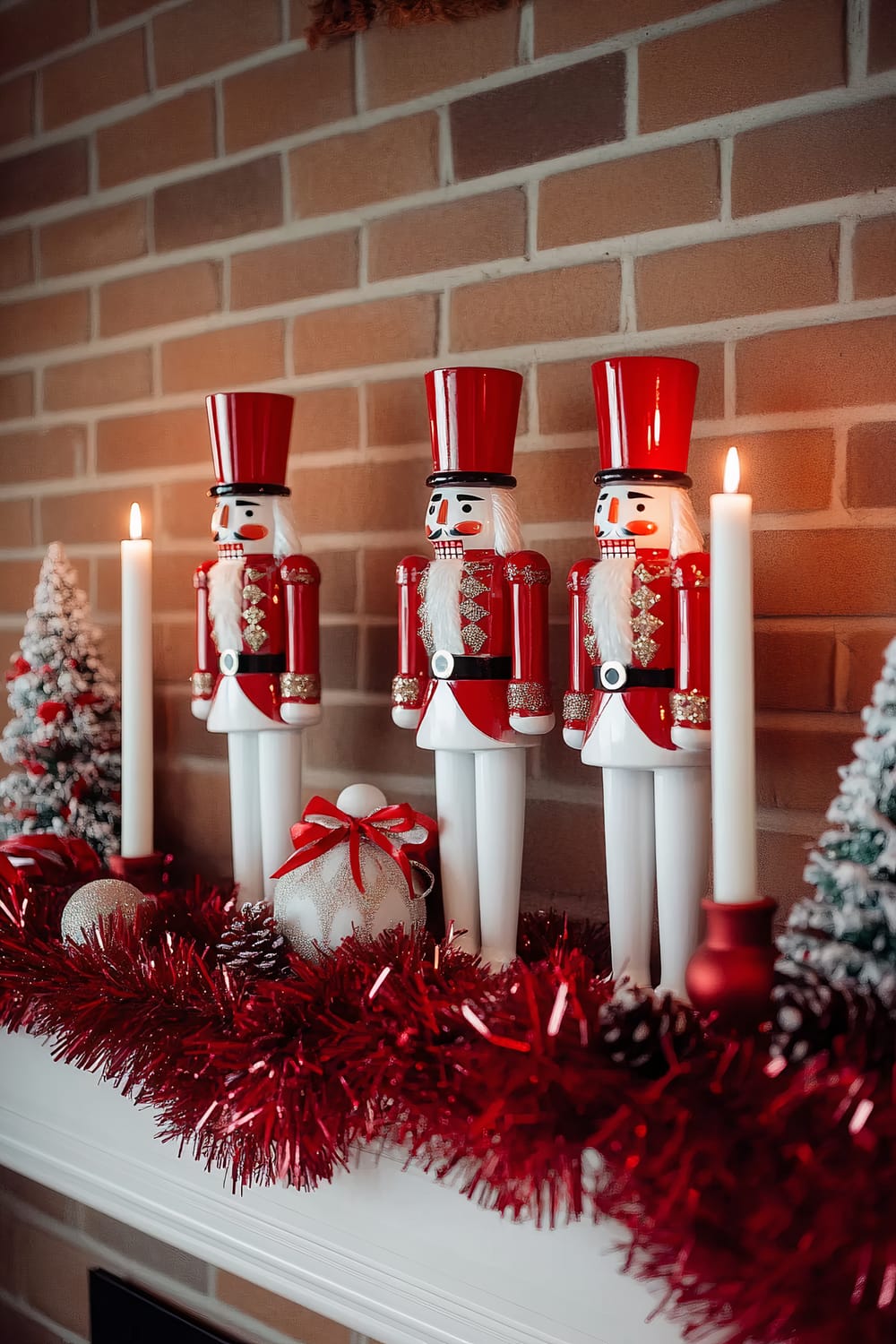 A Christmas mantel display featuring three classic red and white nutcrackers standing in a row against a warm brick backdrop. On either side of the nutcrackers are tall white taper candles with red bows, flickering gently. A garland of red tinsel is draped along the mantel, accented with frosted pinecones and ornaments. The scene is festive and traditional, evoking a warm holiday ambiance.