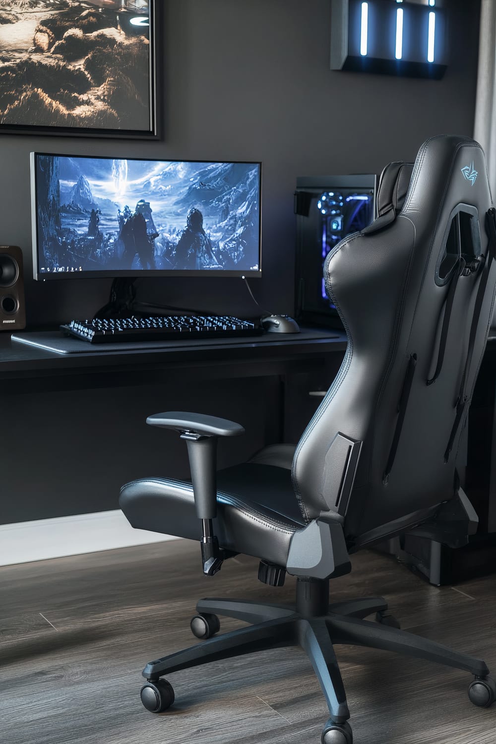 Gaming room with a dual-monitor setup on a sleek black desk, featuring a large curved monitor displaying a fantasy-themed wallpaper. A black ergonomic gaming chair with a built-in headrest is positioned in front of the desk. The room has dark grey walls with LED light strips and a large framed gaming poster. A computer tower with blue and purple RGB lighting is visible to the side.