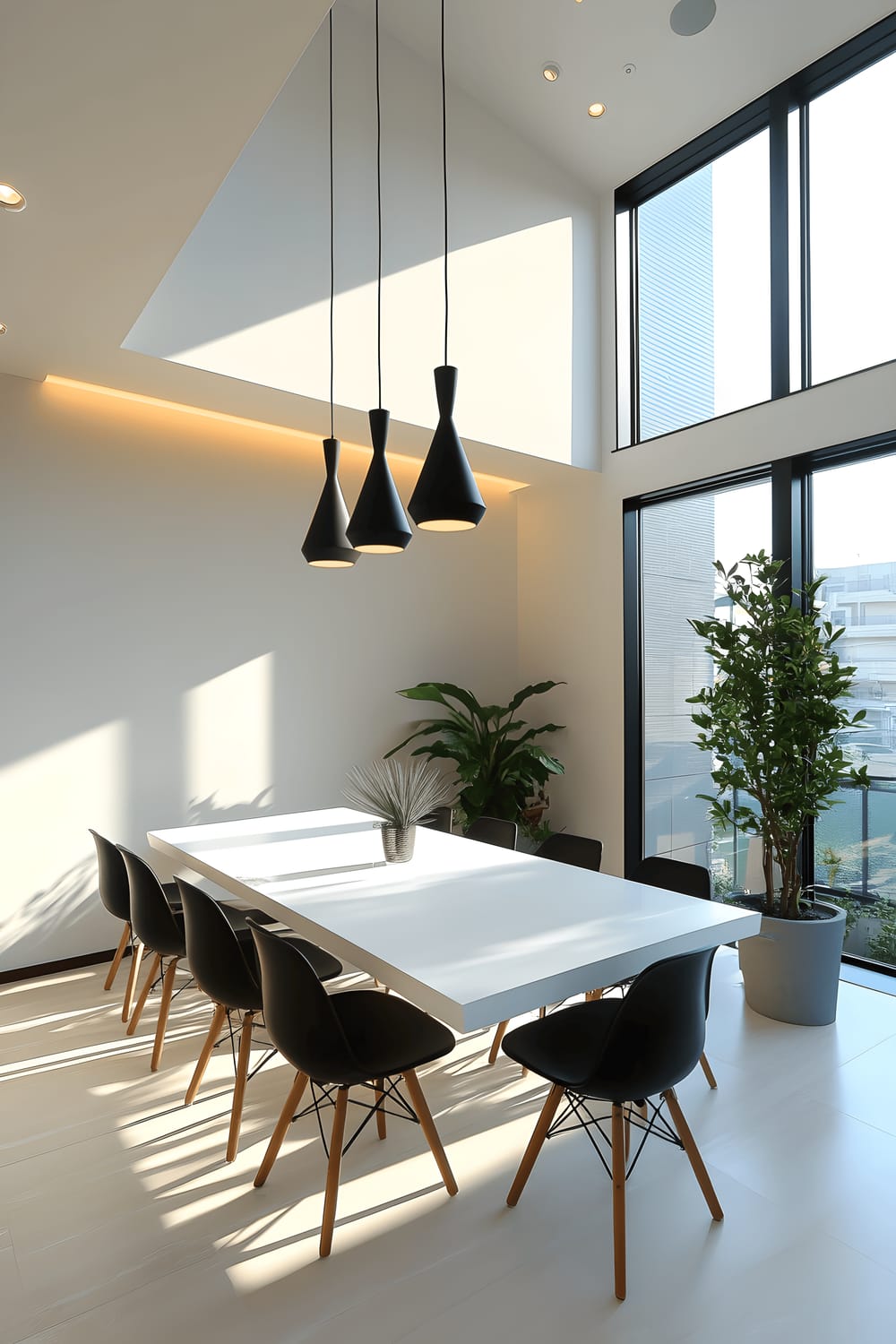 A spacious dining area featuring a white minimalist dining table accompanied by sleek black chairs, brilliantly lit by natural light pouring in from the large windows. Above the table hangs a modern lighting fixture adding character to the uncluttered space. A touch of greenery is provided by a single potted plant sitting elegantly in the corner against the clear, unobstructed walls.