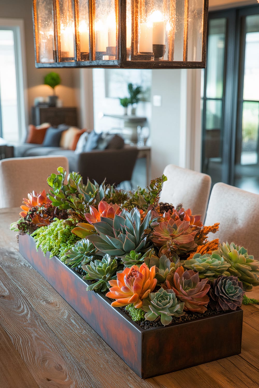 A close-up view of a wooden dining table with a rectangular planter containing various colorful succulents as a centerpiece. Above the table, a rustic chandelier with multiple candle-like light fixtures hangs. The background features a blurred living area with couches, cushions, and decor elements.