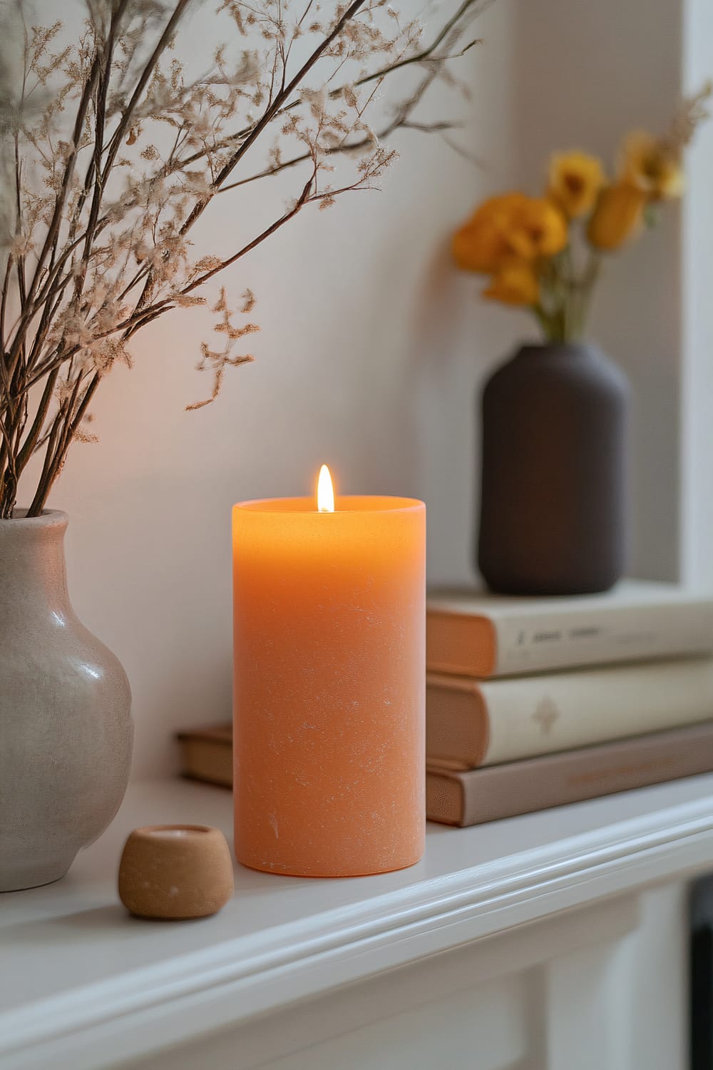 A close-up of a home decor setup featuring a large lit orange candle on a white mantel. Behind the candle is a stack of books. To the left of the candle is a beige vase with dried branch decorations, and in the background, an out-of-focus dark vase holds yellow flowers.