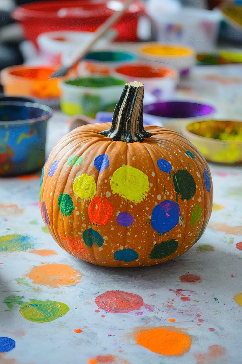 A pumpkin painted with colorful polka dots sits on a table surrounded by cups of paint in various colors. The background shows a light surface with paint splatters and painting supplies.