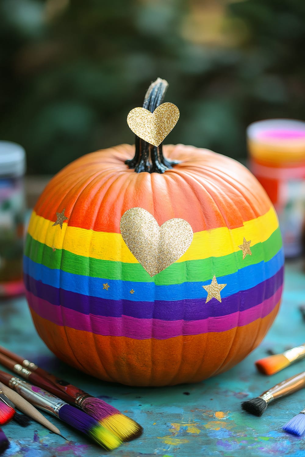 A bright orange pumpkin is decorated with the colorful stripes of the LGBTQ+ pride flag. The flag's stripes wrap around the pumpkin horizontally, with each color vividly painted: red, orange, yellow, green, blue, and purple. Gold glitter heart and star stickers adorn the pumpkin, with one large heart placed near the center and a smaller heart on the pumpkin's stem. The background is blurred, with paintbrushes and jars of paint visible on the surface below.