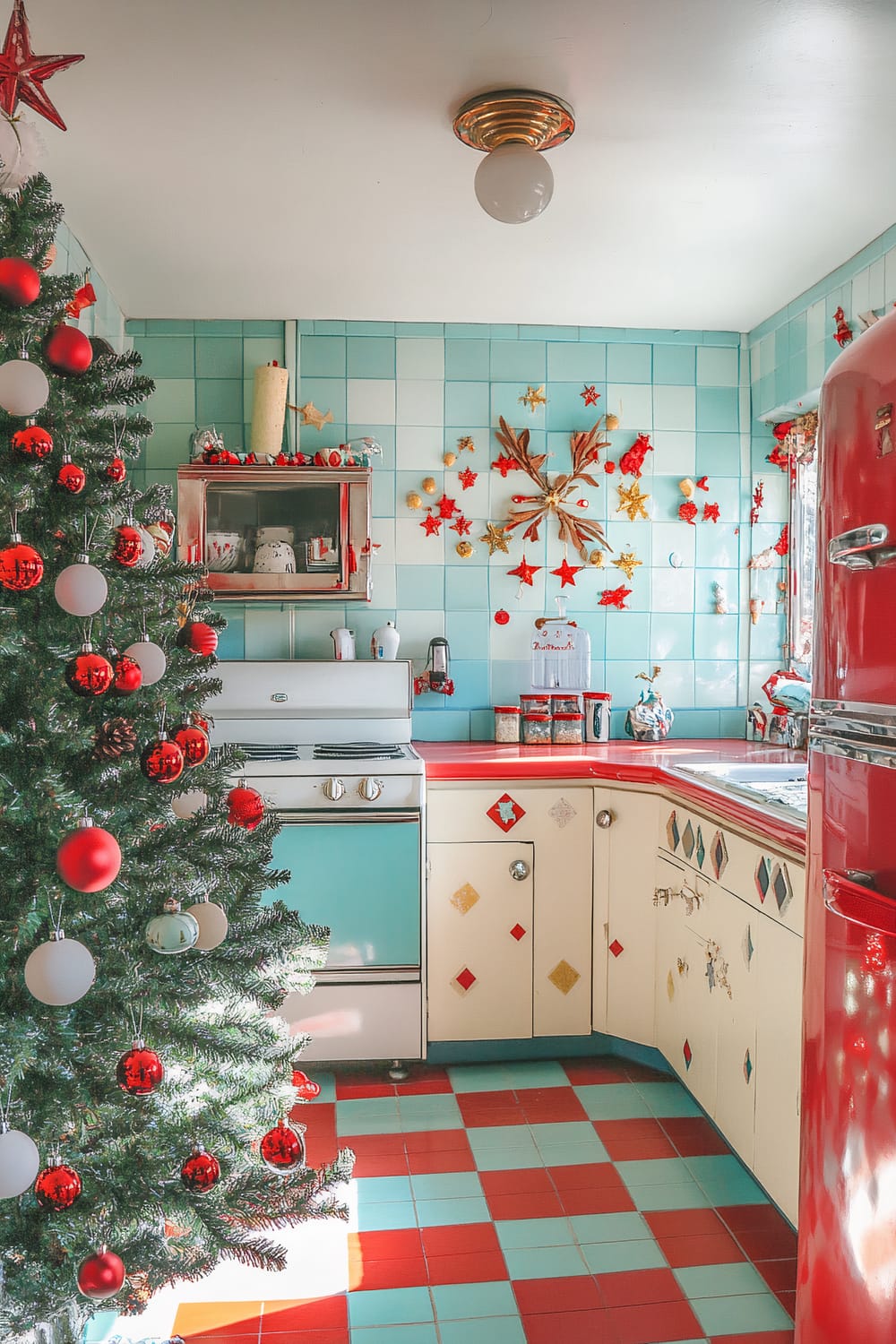 A 1950s retro kitchen decorated for Christmas. It features a Christmas tree adorned with red and white ornaments, colorful patterned tiles on the floor and walls, vintage appliances including a red refrigerator and an aqua oven, and under-cabinet storage decorated with diamond-shaped patterns. Cheerful natural lighting fills the room.