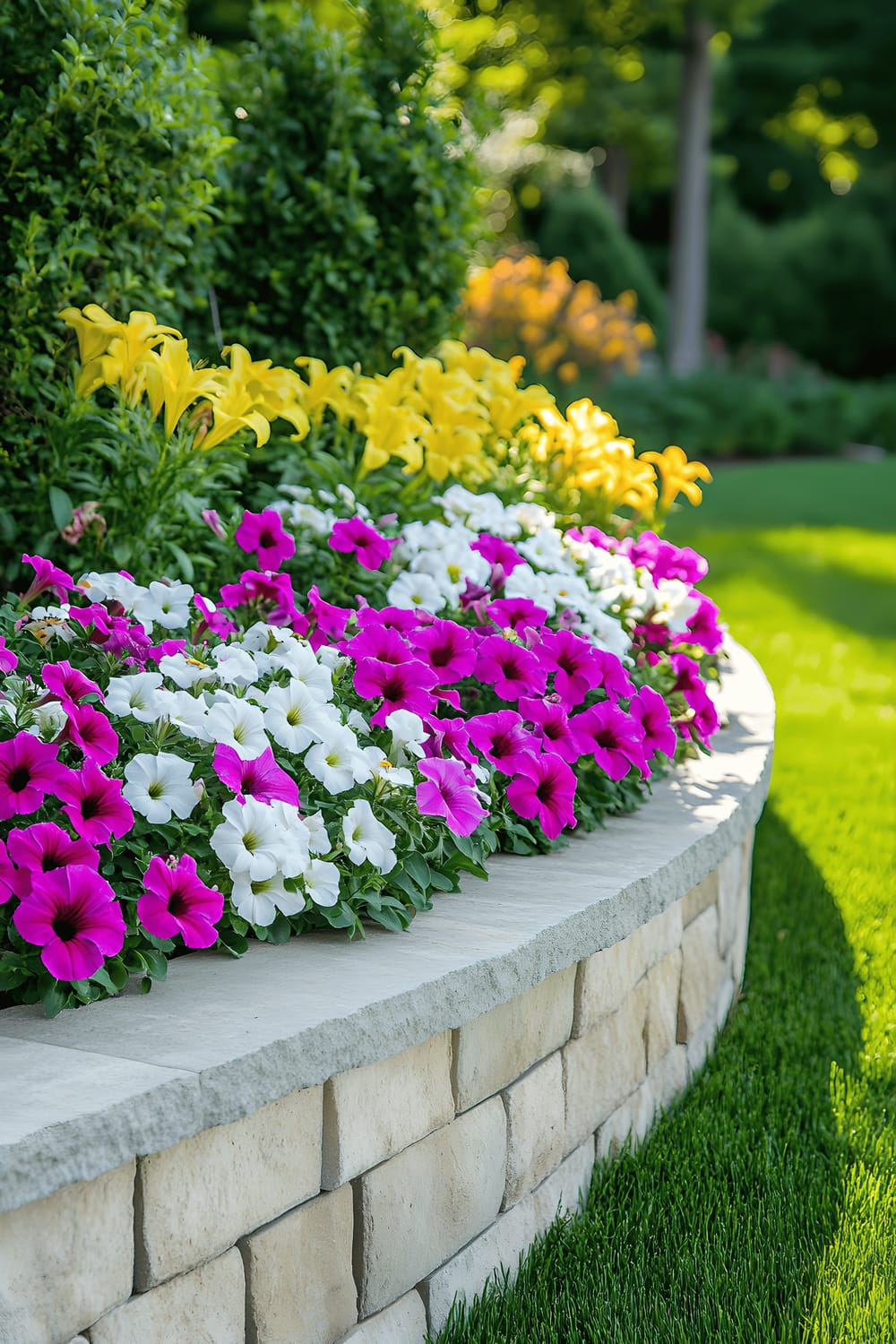 A vibrant garden scene featuring a curved flower bed filled with white and pink petunias, bordered by a light tan stone retaining wall. Surrounding the bed is a neatly trimmed green lawn, with yellow daylilies and lush foliage in the background. The garden is bathed in bright sunlight, adding cheerfulness to the space.