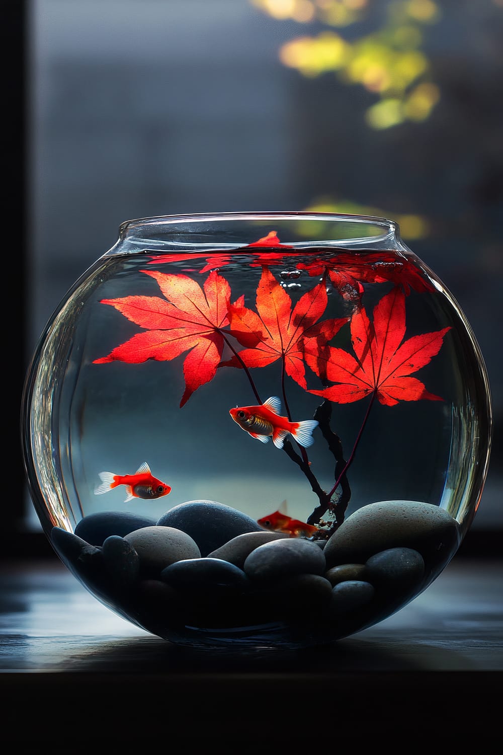 A clear glass fishbowl contains three goldfish swimming around a decorative branch with vibrant orange and red leaves. The bottom of the fishbowl is lined with smooth, round pebbles in varying shades of gray and black. The background is dimly lit, highlighting the fish and foliage.