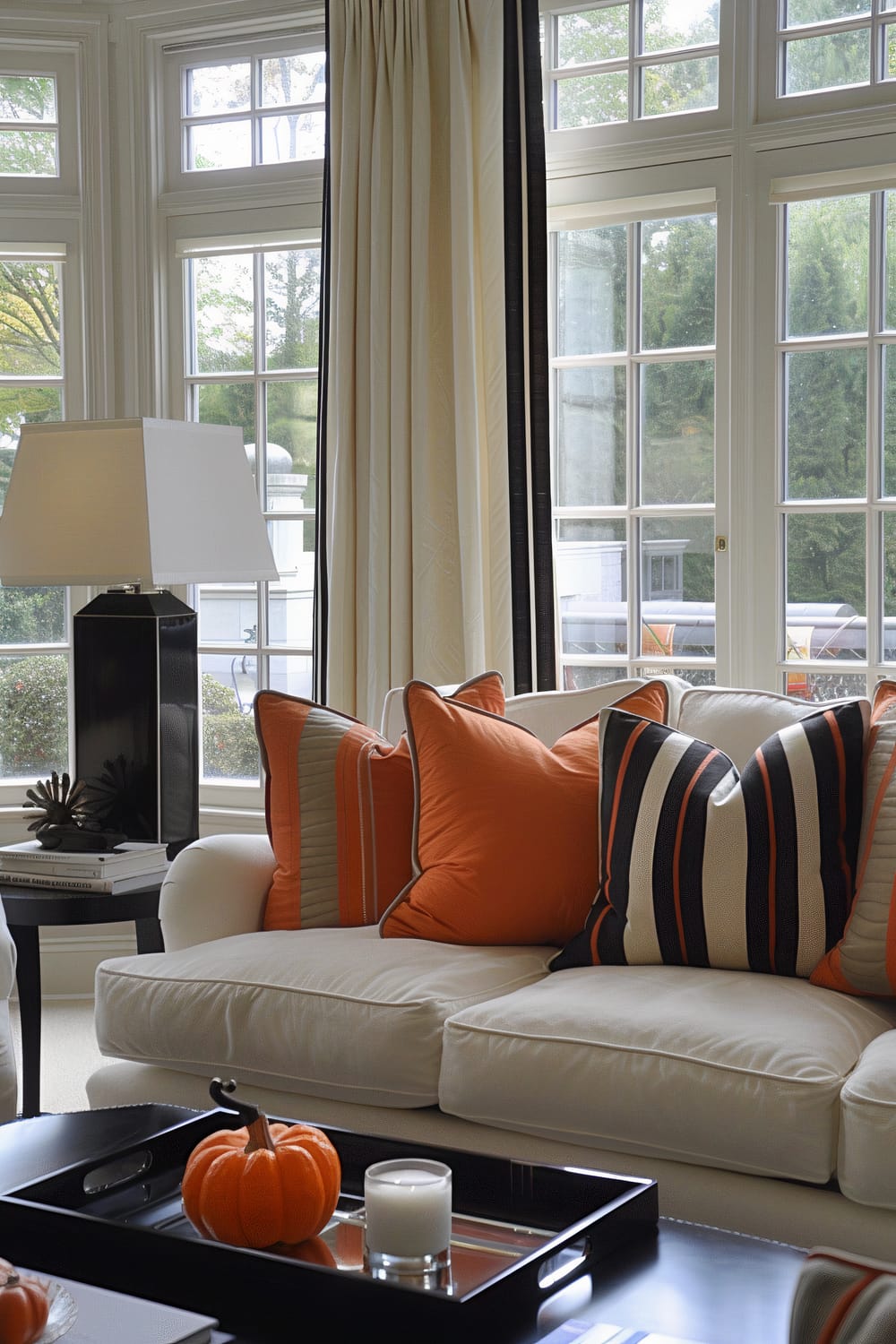 A living room with large windows and chic white curtains, featuring a stylish white sofa adorned with vibrant orange and black-striped pillows. A black side table with books and a modern lamp sits nearby. On the central coffee table, a small pumpkin and a white candle are placed on a tray, adding seasonal decor.