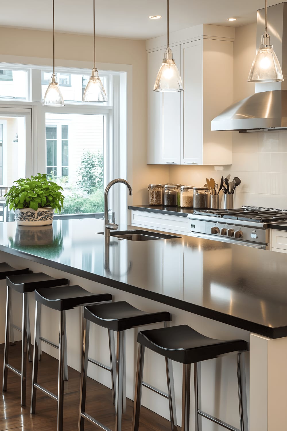 A bright and modern kitchen featuring glossy white cabinetry and dark slate countertops. Matte black bar stools are arranged around a central island, and frosted glass pendant lights hang overhead. Pastel-colored ceramic canisters are neatly arranged on the countertops holding various spices, accompanied by a single potted basil plant. Outside the large windows, the scenic view of a Copenhagen street is visible.