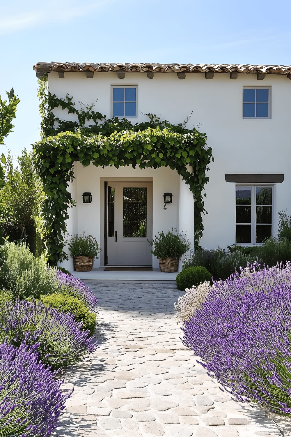 A welcoming home entrance featuring a striking white arbor entwined with lush, green climbing ivy. A rustic cobblestone pathway guiding towards a delightful pastel-colored front door. The pathway is adorned with a fragrant avenue of lavender flanking both sides, adding a vivid splash of purple that beautifully contrasts with the dominant green and white tones.