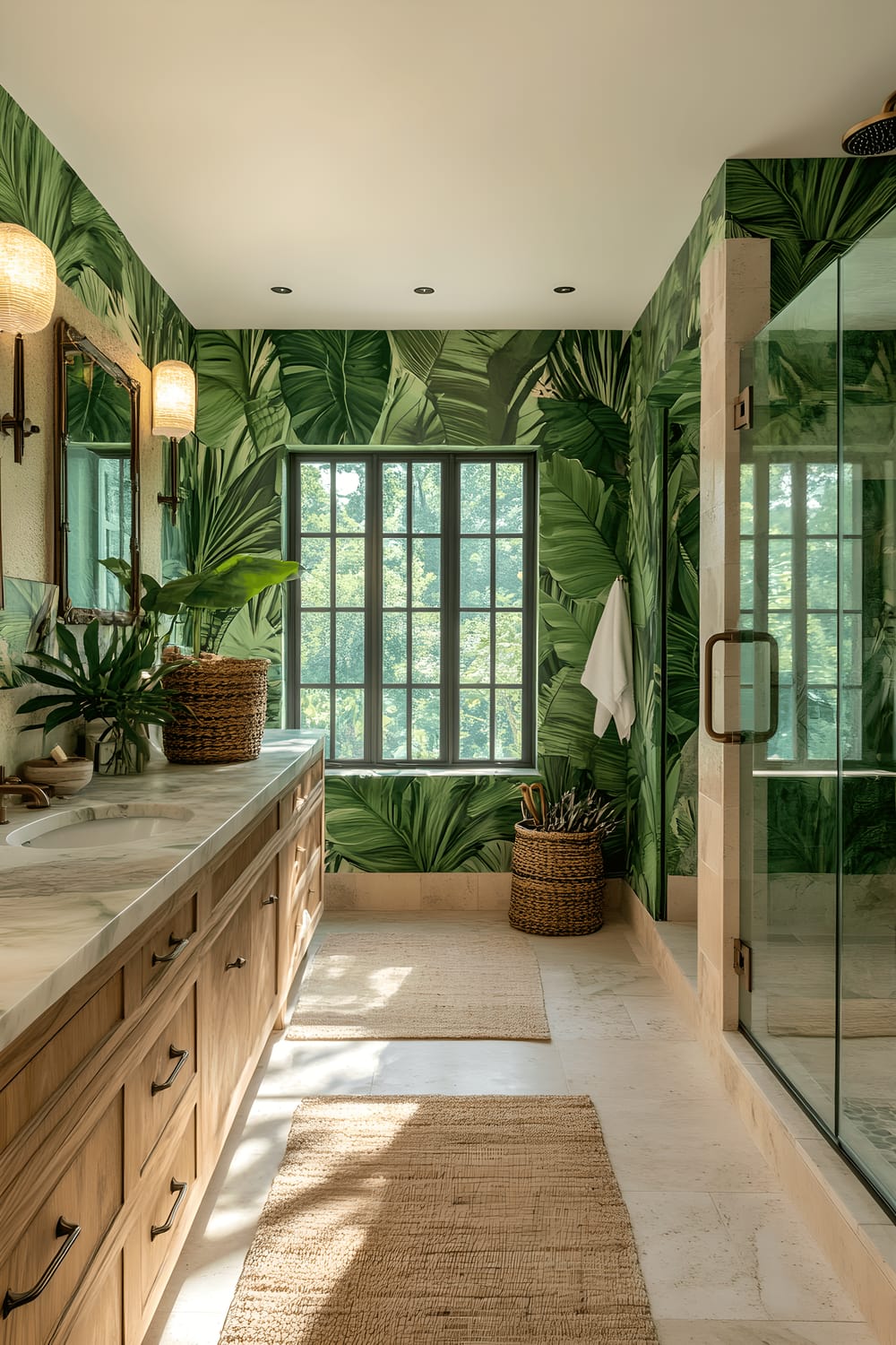 A spacious bathroom designed like a tropical paradise with vibrant green botanical wallpaper. The room features a large vanity made of teak wood with a marble countertop and a generous walk-in shower with a rain showerhead. Around the room are potted tropical plants and woven baskets, adding natural textures. Sunlight streams in from large windows, illuminating the space and creating an inviting, radiant atmosphere.