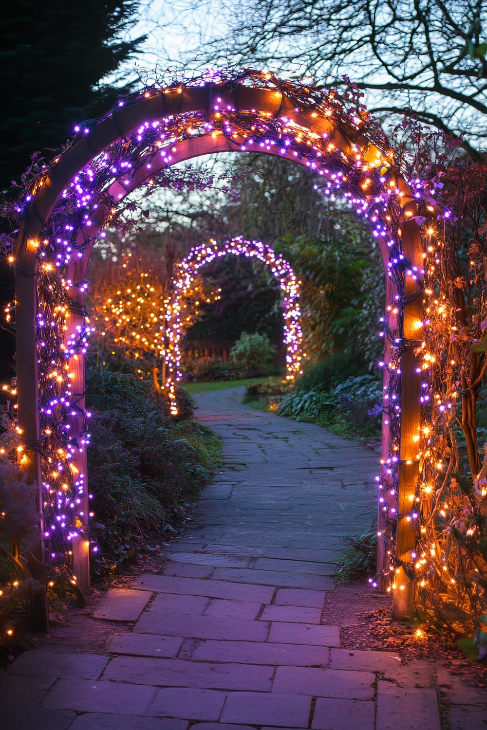 A garden archway decorated with purple and silver string lights, glowing in the twilight. The archway frames a stone pathway that winds through lush greenery, leading to another illuminated arch in the background.