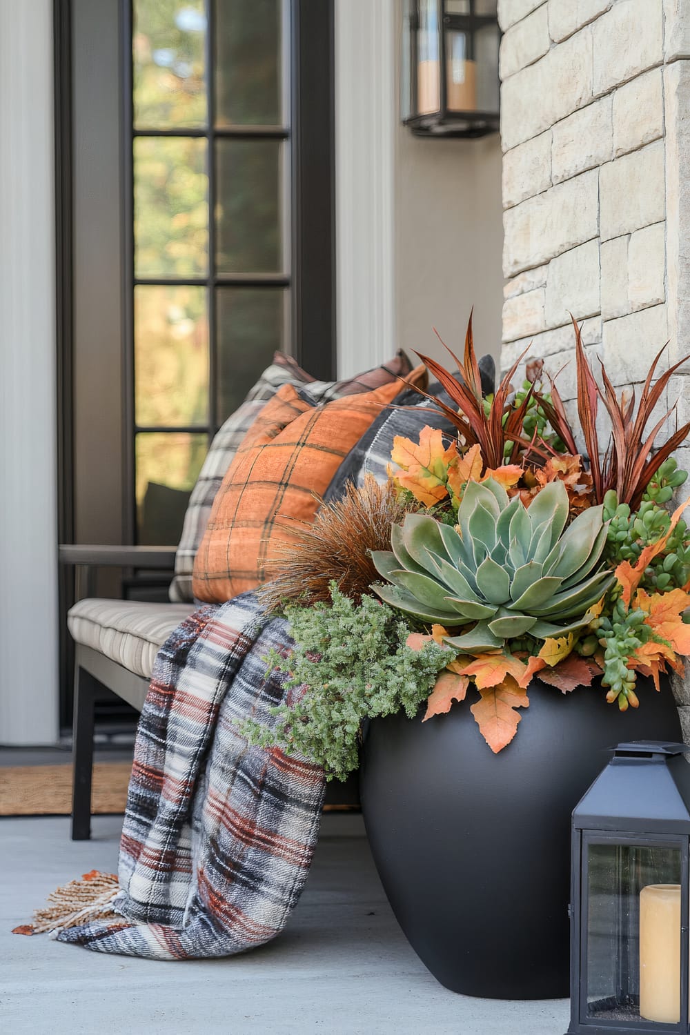 A cozy outdoor autumn seating area featuring a wooden chair with plaid cushions and blankets, a large black planter with succulents and fall foliage, and a lantern with a candle. The background includes a stone wall and a black-framed door with large windows.