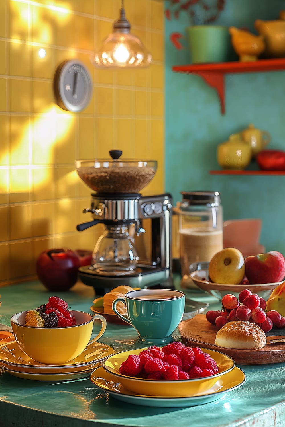 A retro-themed breakfast scene featuring a teal diner-style table adorned with colorful ceramic dishes in teal and mustard hues. There are yellow bowls filled with assorted berries, a teal coffee cup, and plates holding fresh pastries and autumn fruits such as apples, pears, and grapes. A stylish steel coffee maker brews coffee nearby. The backdrop includes warm yellow tile walls and shelves with vintage decor, illuminated by nostalgic lighting that casts a cozy glow.