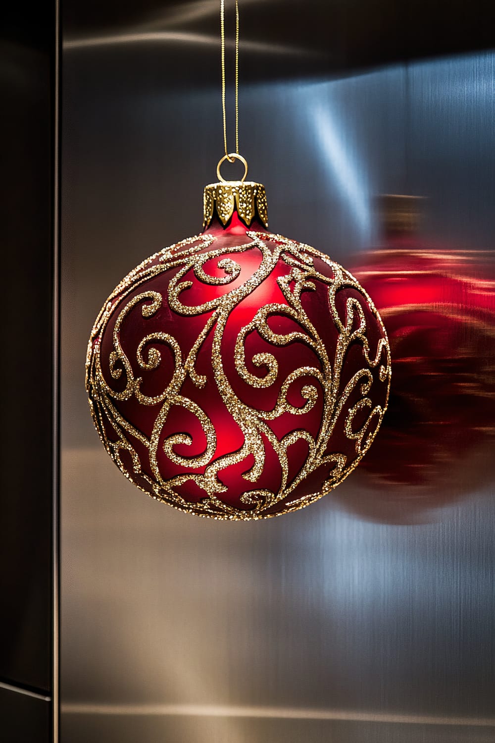 A large red and gold ornament with intricate gold filigree patterns hangs from a sleek stainless steel kitchen cabinet. The dramatic spotlighting casts sharp reflections on the stainless steel surface, highlighting the rich colors and luxurious textures of the ornament. The background is softly blurred, emphasizing the ornament as the striking focal point.