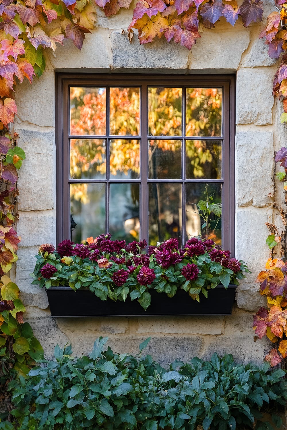 A rustic window surrounded by ivy-covered stone walls and adorned with window box planters filled with vibrant maroon dahlias and green foliage. The glass panes of the window are reflecting the autumnal colors of an outdoor scene, adding depth and warmth to the overall image.