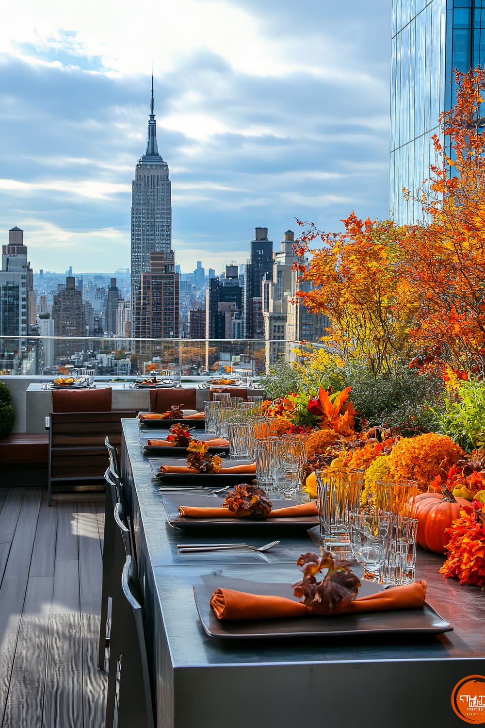 An elegantly set table on a rooftop terrace with a panoramic view of the city skyline, featuring the Empire State Building. The table is adorned with autumnal decorations, including pumpkins, orange napkins, and fall foliage, set against a backdrop of vibrant autumn trees and modern buildings.