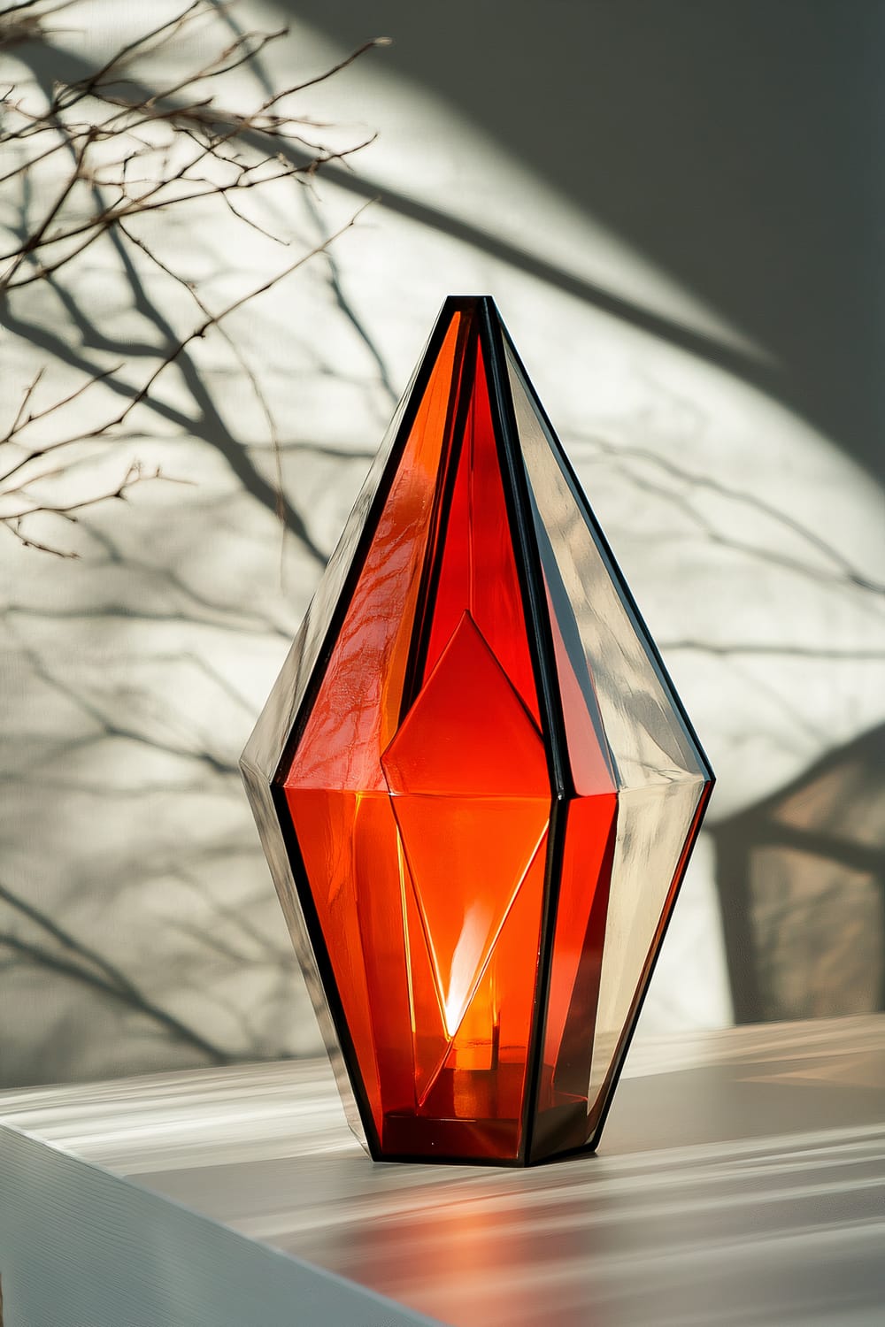 A geometric glass lantern with a bold red interior sits on a white tabletop, casting subtle shadows. The lantern has angular designs and is silhouetted against a background with shadowed branches.