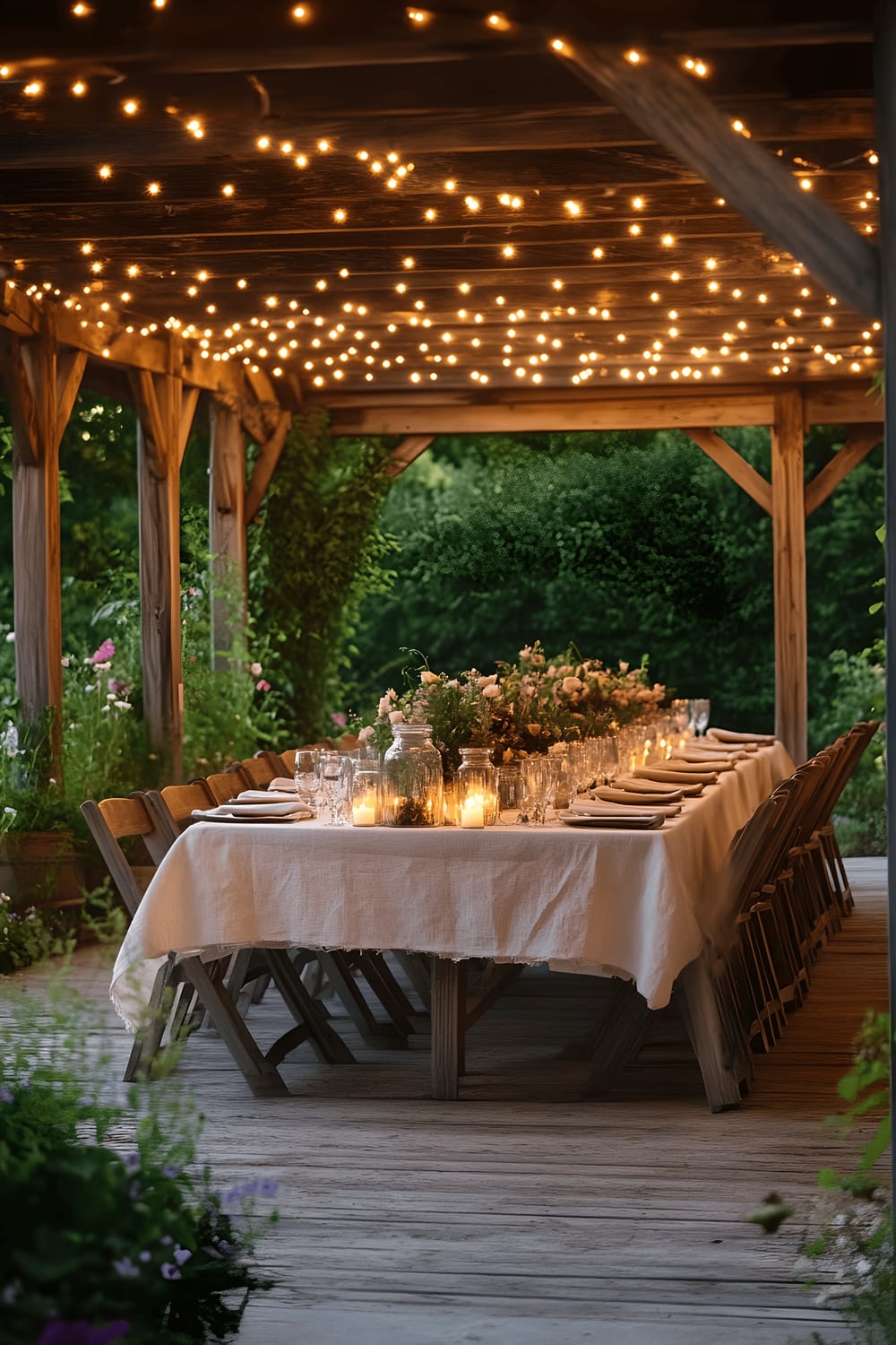 A spacious wooden gazebo, housing a long, rustic farmhouse table adorned with crisp, white linen and punctuated by jars of fresh-cut wildflowers. Strands of warm, glowing string lights are hung overhead, illuminating and enhancing the outdoorsy and rustic dining setting.