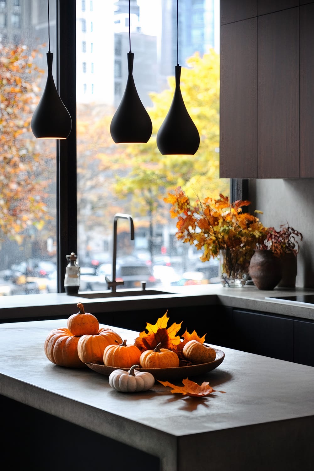 An elegant kitchen features a dark color palette with a large window showcasing a street view with autumn foliage. The focal point is a modern island adorned with various small pumpkins and autumn leaves. Above the island, three sleek, black pendant lights hang in a staggered arrangement. To the right, a countertop holds vases with more autumnal foliage. The overall aesthetic combines modern minimalism with seasonal decoration.