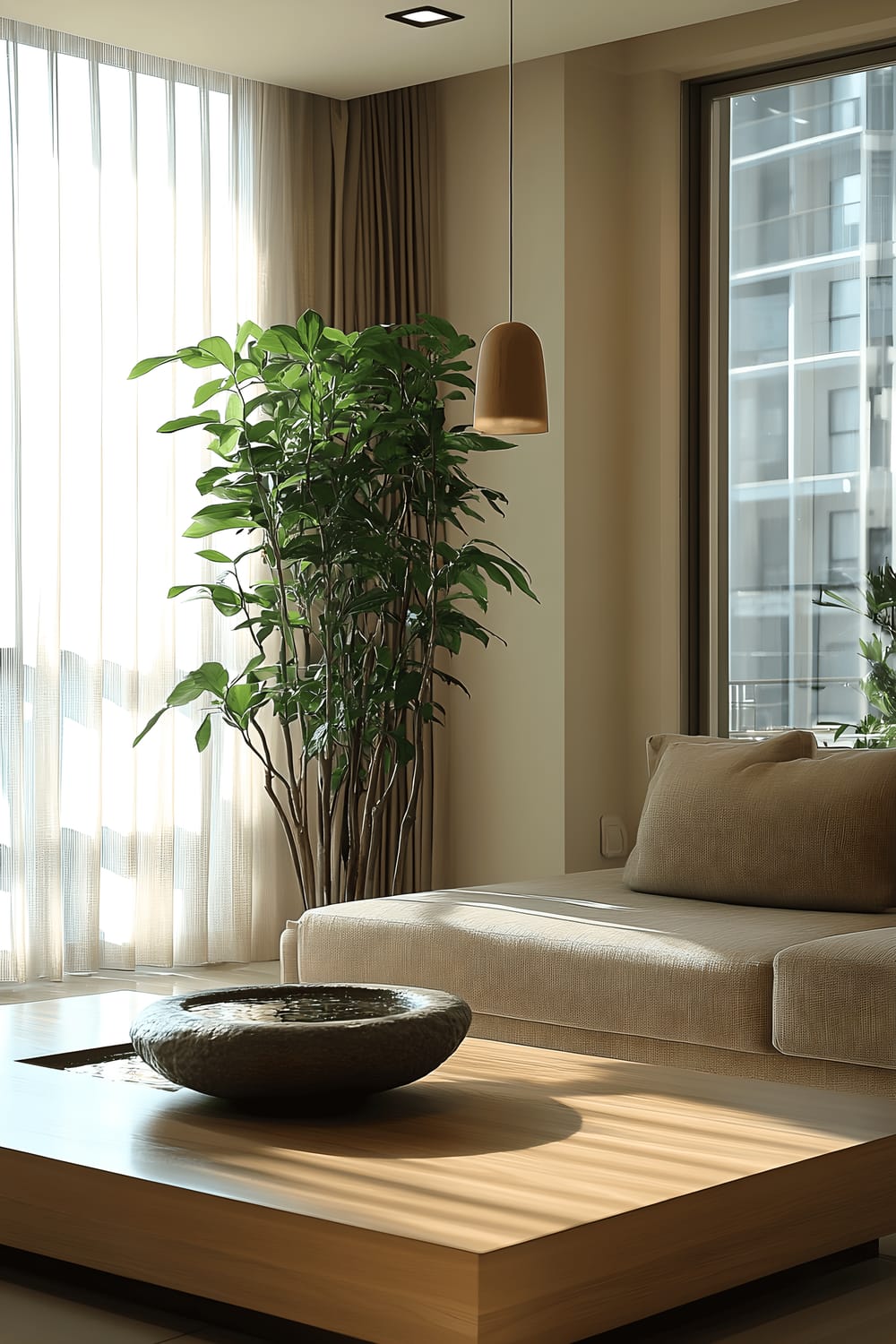 A peaceful Tokyo apartment interior featuring an indoor water feature, lush green plants, a wooden coffee table with a minimalist stone sculpture, a beige sofa, and a large window covered with sheer curtains. Soft, natural light and ambient lighting from a pendant lamp grace the space.