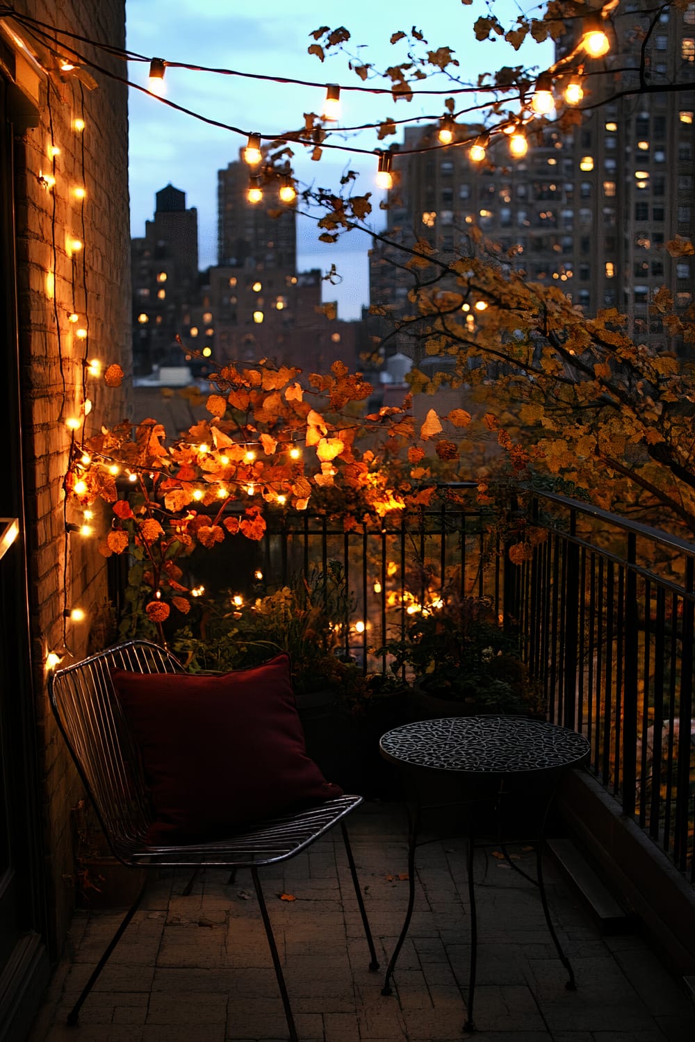 An intimate urban balcony at dusk, decorated with string lights and a small sitting area. The scene features a wire chair with a plush red cushion, a small ornate metal table, and a railing adorned with warm yellow fairy lights intertwined with autumnal foliage. In the background, the cityscape is visible with lit windows.