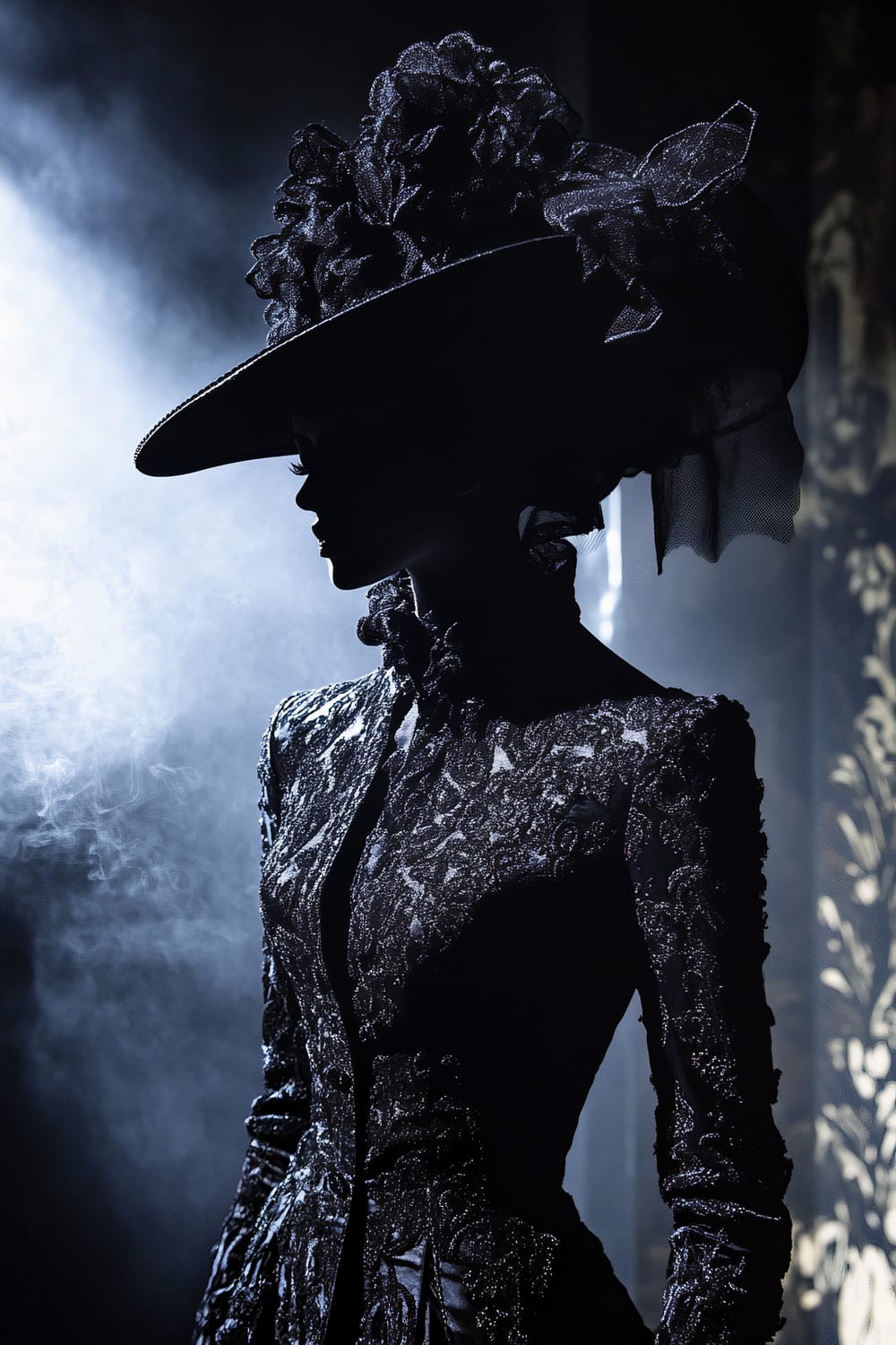 A mannequin dressed in an intricate black lace gown and adorned with a grandiose hat stands in a dramatic, smoky setting. The hat is embellished with elaborate black floral details and delicate mesh, adding an element of opulence. The scene is illuminated by a spotlight from the side, creating sharp contrasts and shadows.