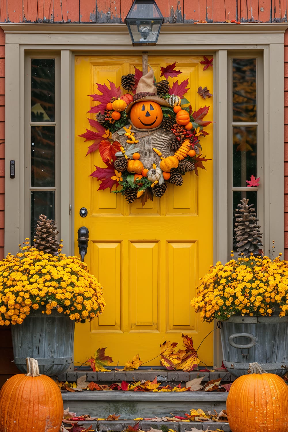 Yellow front door decorated for autumn with a colorful wreath featuring a jack-o'-lantern face, surrounded by red leaves, small pumpkins, and pinecones. Two large pots of yellow chrysanthemums sit on either side of the door, and pumpkins are placed on the doorstep with fallen autumn leaves scattered around.