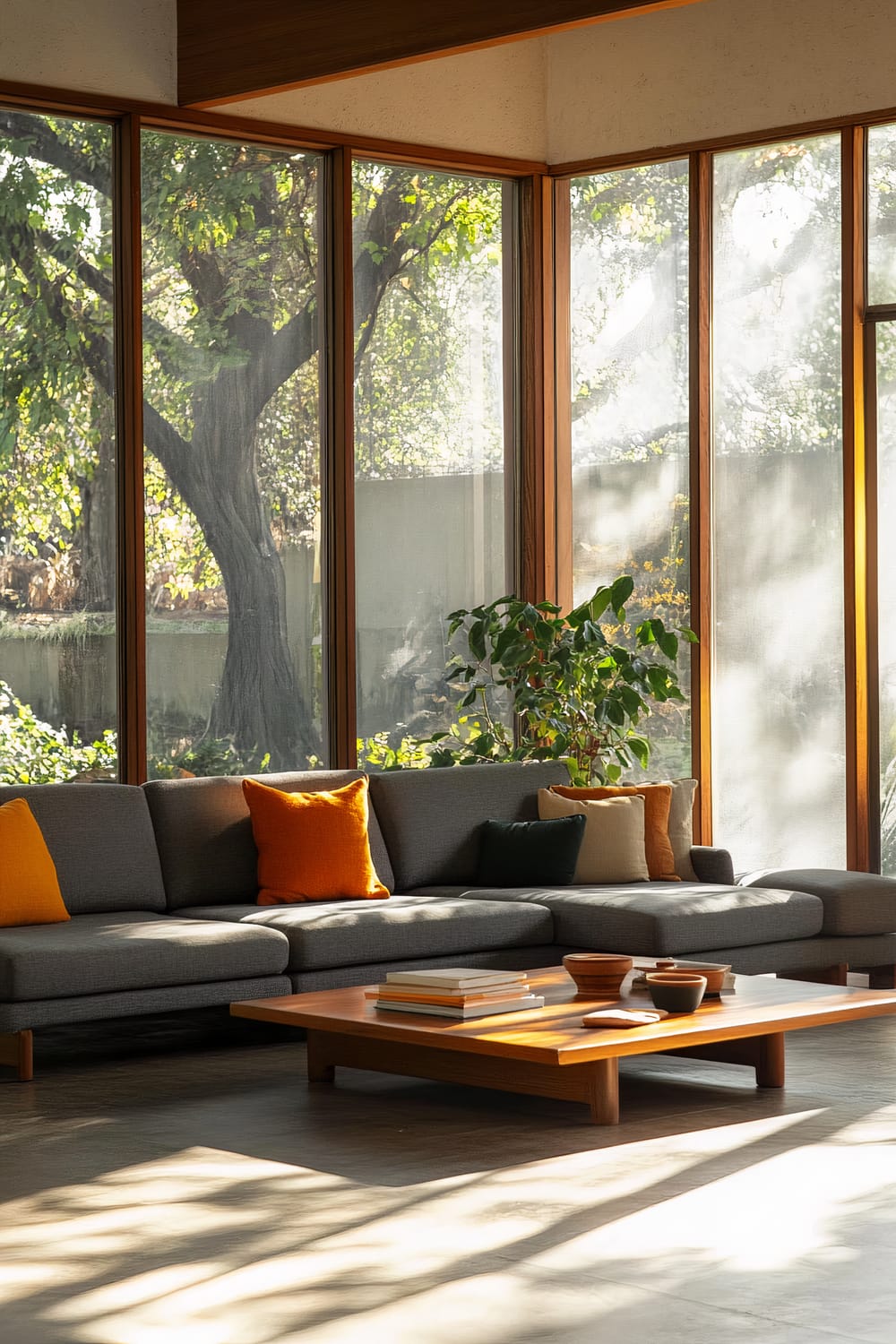 A minimalist living room featuring a low-profile gray sofa adorned with vibrant accent pillows in orange, yellow, and green. A simple wooden coffee table occupies the center of the room, holding a few books and decorative items. Large windows with natural light flooding in reveal a lush green outdoor view. A potted plant adds a touch of greenery indoors.