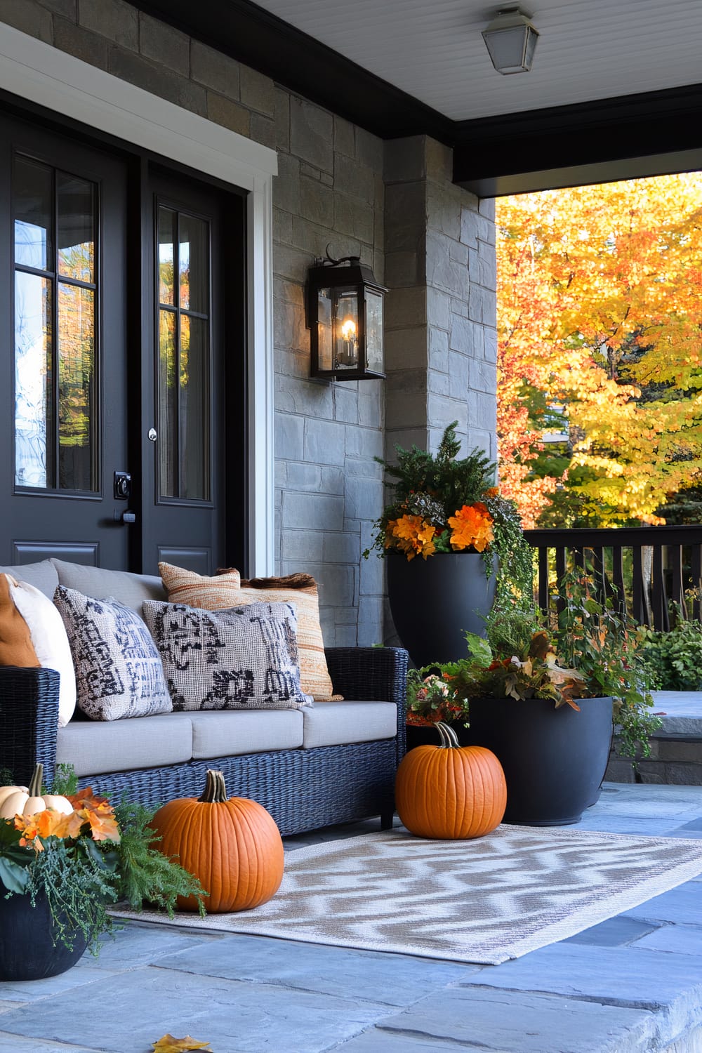 A tastefully decorated porch features a wicker sofa adorned with a collection of patterned, earthy-toned pillows. The seating area rests on a textured, geometric-patterned rug, with vibrant orange pumpkins and lush foliage in dark planters adding seasonal charm. The stone facade of the house, complemented by black-framed glass doors and a warm-toned lantern, creates a sophisticated yet inviting ambiance. Autumn leaves can be seen in the background, enhancing the cozy outdoor setting.