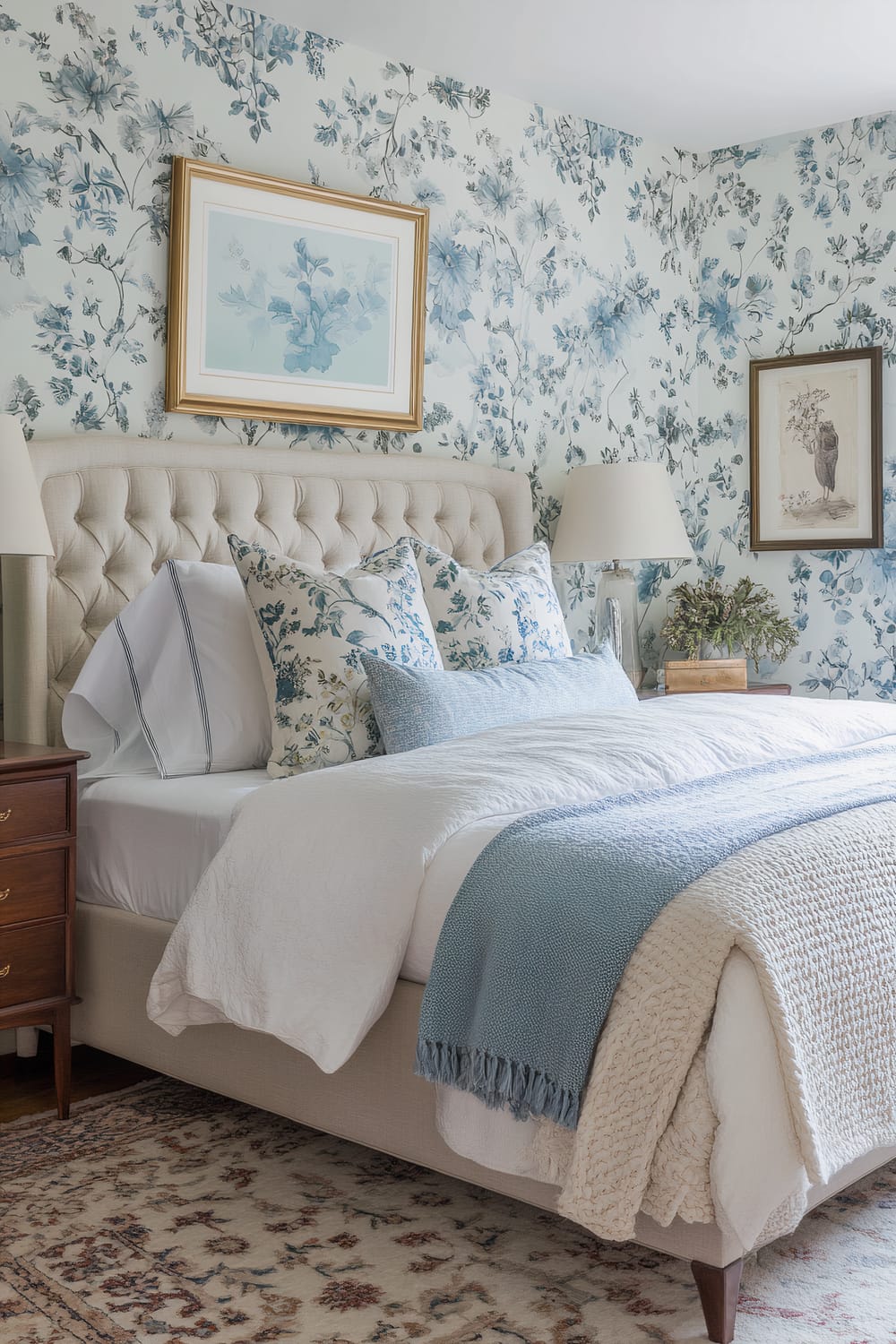 A bedroom featuring a light beige tufted headboard with white bedding adorned with blue floral pillows and a light blue throw blanket. The walls are decorated with blue and white floral wallpaper, and two framed prints hang above the bed. Wooden nightstands with white lamps flank the bed, and a beige and blue patterned rug covers the floor.