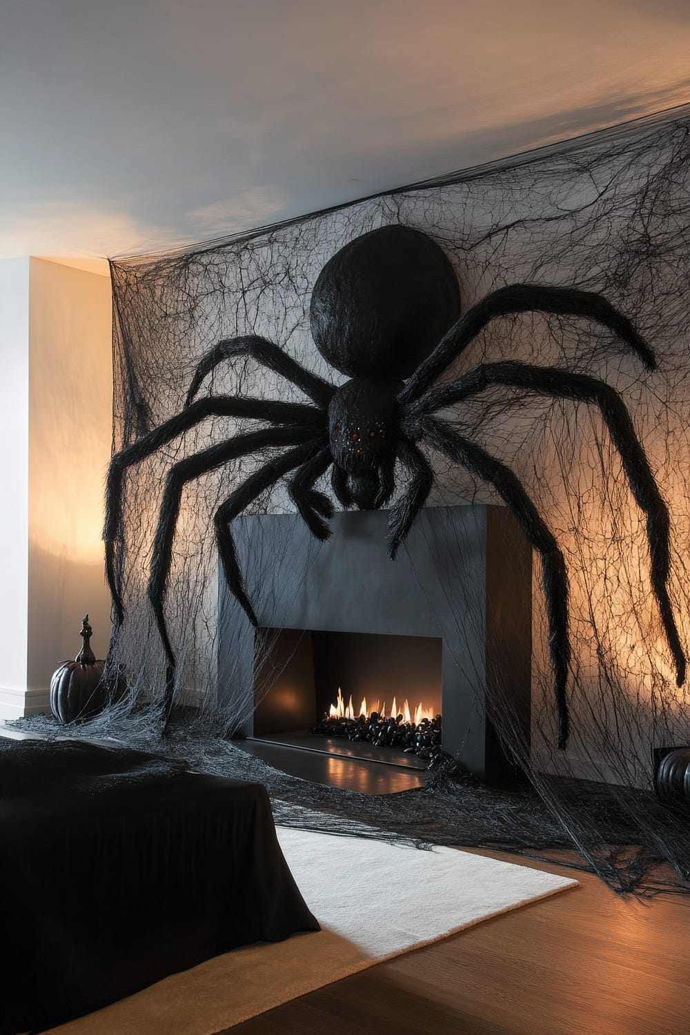 A contemporary American living room is decorated for Halloween with an oversized spider web theme centered around a fireplace. A large, realistic black spider stretches across the hearth, with its legs extending onto the adjacent walls and ceiling. Strategically placed spotlights cast dramatic shadows of the spider, enhancing the eerie atmosphere. Black decorations, including pumpkins, add to the minimalist but spooky ambiance, with the flickering fireplace providing a warm glow.