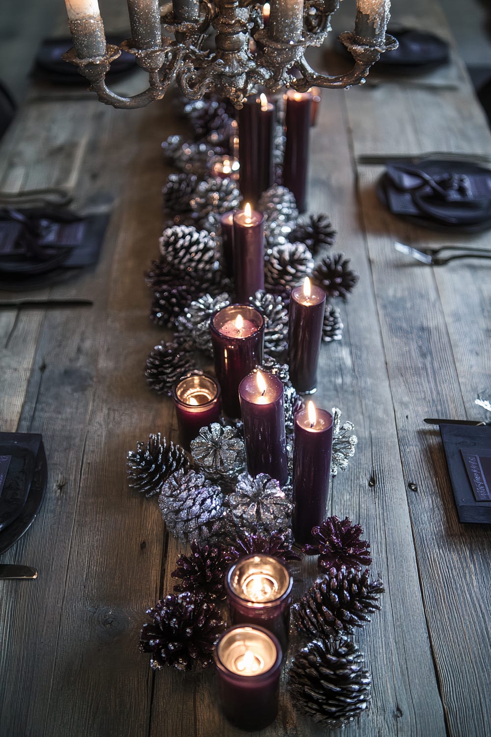 A rustic wooden dining table is decorated with tall, dark purple candles and glittering silver and purple pinecones. An ornate silver chandelier with lit candles hangs above, while an elegant place setting with dark napkins can be seen at the edge of the frame.