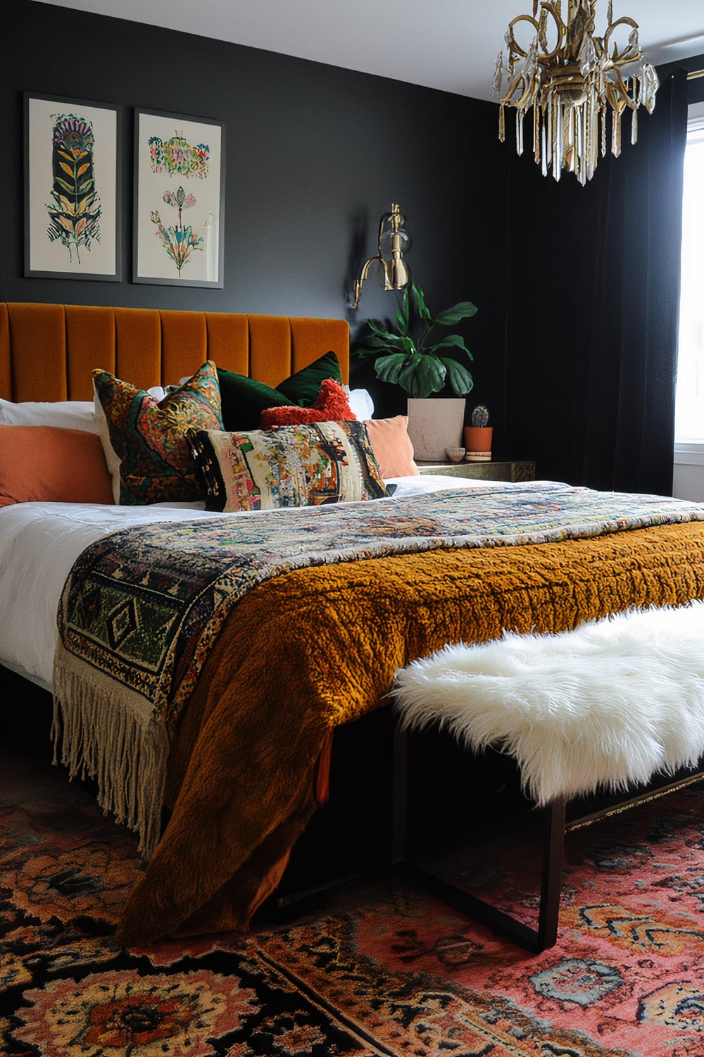 A richly decorated bedroom features a mustard velvet headboard against a dark wall adorned with botanical art. A mix of pillows in green, floral, and rust tones rest on the bed, complemented by layered textiles, including a golden throw and a patterned bedspread. A white faux-fur bench sits at the foot of the bed on a patterned rug. A crystal chandelier hangs from the ceiling, and a modern brass wall lamp is mounted by a potted plant with lush green leaves.