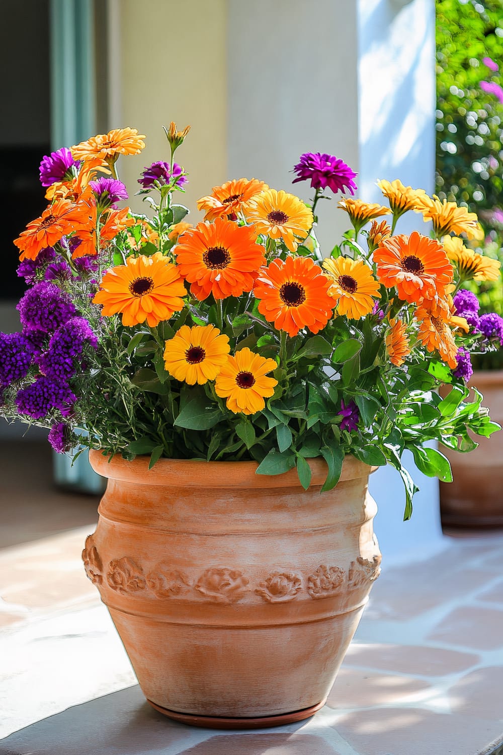 A large terracotta pot filled with vibrant, orange and purple flowers placed on a sunny patio. The orange flowers dominate the arrangement, with purple flowers providing contrasting accent. The patio stones beneath the pot are in warm tones, complementing the pot and flowers. A slightly blurred background shows garden greenery and parts of other terracotta pots with plants.