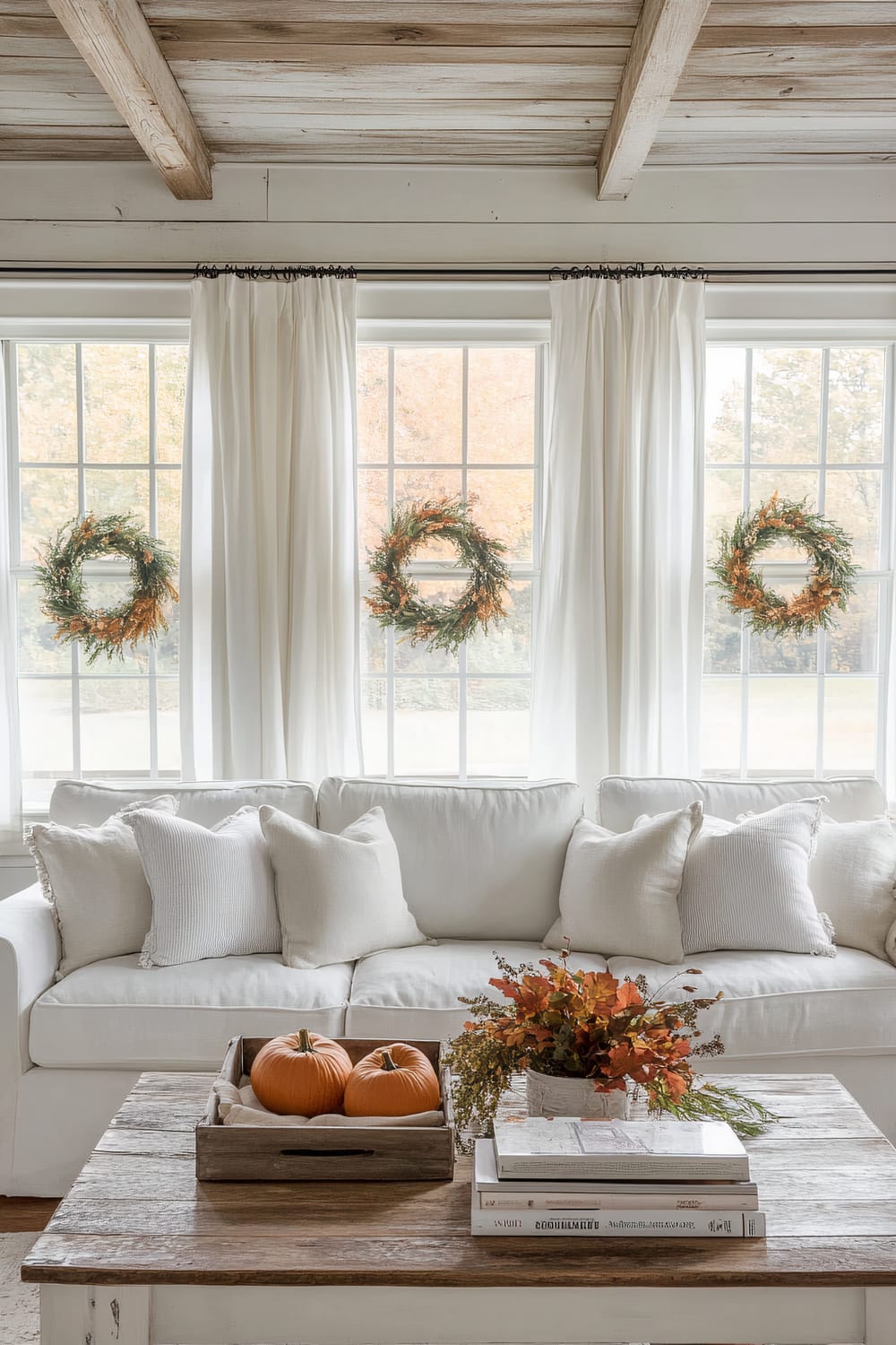 A cozy living room featuring a white-cushioned sofa adorned with several white cushions is centered against three large windows. Each window is decorated with a festive autumn wreath, and sheer white curtains frame the scene, allowing soft light to fill the room. A rustic wooden coffee table in front of the sofa displays a wooden tray holding two small pumpkins, a collection of books, and a ceramic vase filled with autumn foliage and greenery.