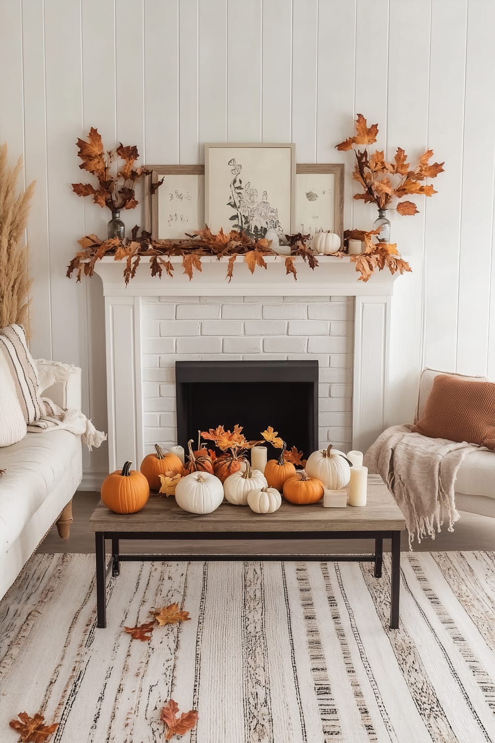 A tastefully decorated living room displays a fall-inspired theme. Centered against a white paneled wall is a fireplace adorned with orange and brown autumn leaves, art frames, and white pumpkins on the mantel. Below, a coffee table layered with both white and orange pumpkins, leaves, and candles sits atop a textured white rug with black and beige stripes. A cozy beige sofa and an armchair, adorned with a rust-colored pillow and beige throw, flank the fireplace, adding warmth to the scene.