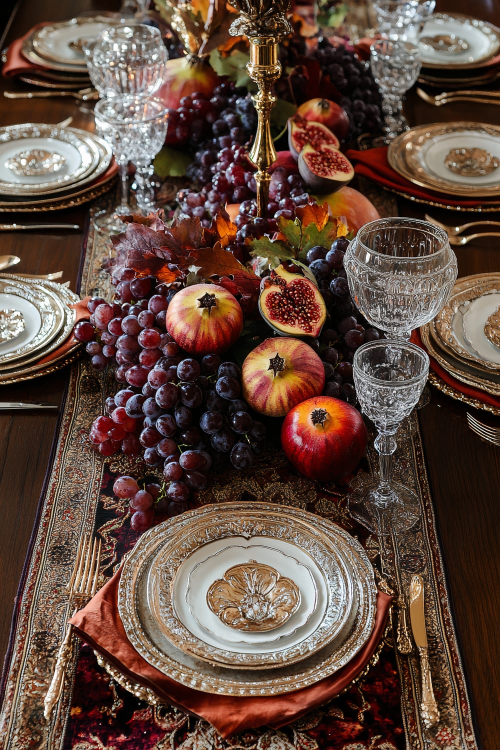 An elegant dining table set with intricate gold-trimmed porcelain plates, crystal goblets, and golden cutlery. The centerpiece features a lush arrangement of dark grapes, pomegranates, apples, and autumn leaves on a richly patterned table runner.