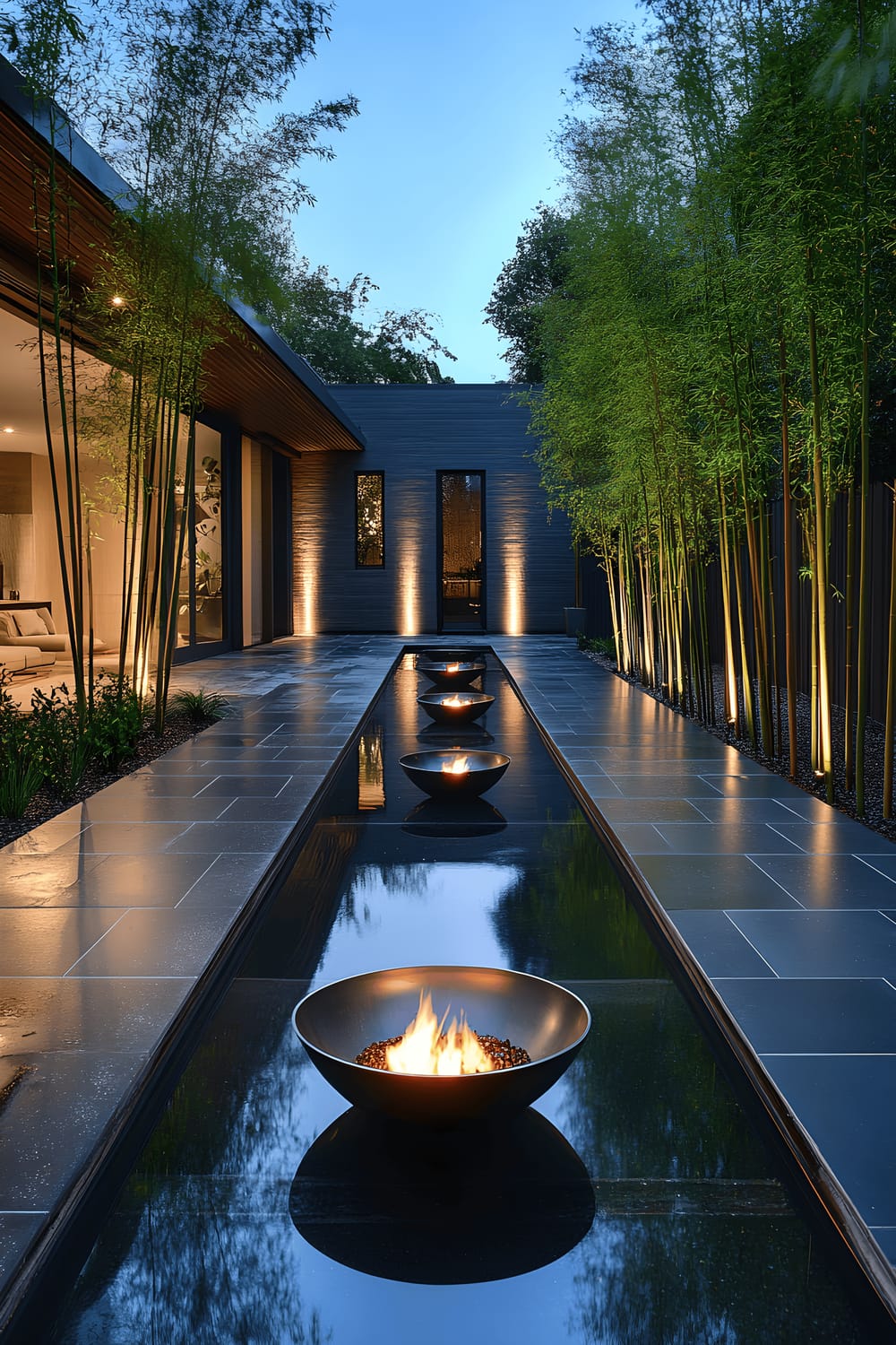 A sleek outdoor courtyard with a large, rectangular reflecting pool surrounded by dark slate tiles. The pool is decorated with fiery bowls, floating just above the water's edge. The courtyard is bordered by a thicket of towering bamboo shoots, subtly lit from below for dramatic shadow and light contrast. The scenic area is set at twilight with dark but calming hues.