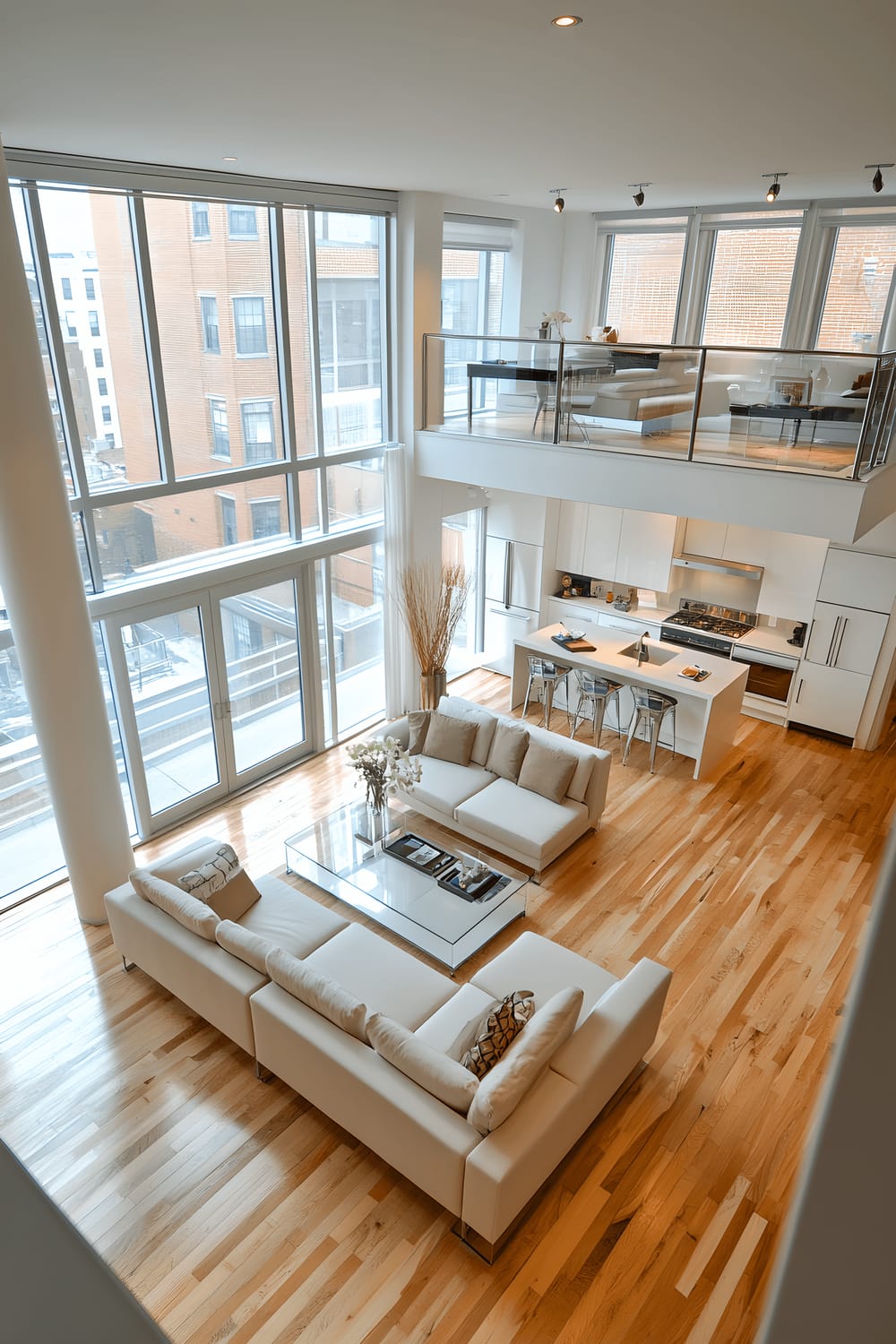 A panoramic view of a contemporary open-plan apartment incorporating living, dining, and kitchen areas. A plush modular sofa in neutral beige faces a sleek black entertainment unit, accentuated by an intricate rug. To one side, a glass dining table with metal chairs sits near an up-to-date kitchen island with state-of-the-art stainless steel appliances. Floor-to-ceiling windows flood the apartment with abundant natural light, emphasizing the spaciousness of the unified design.