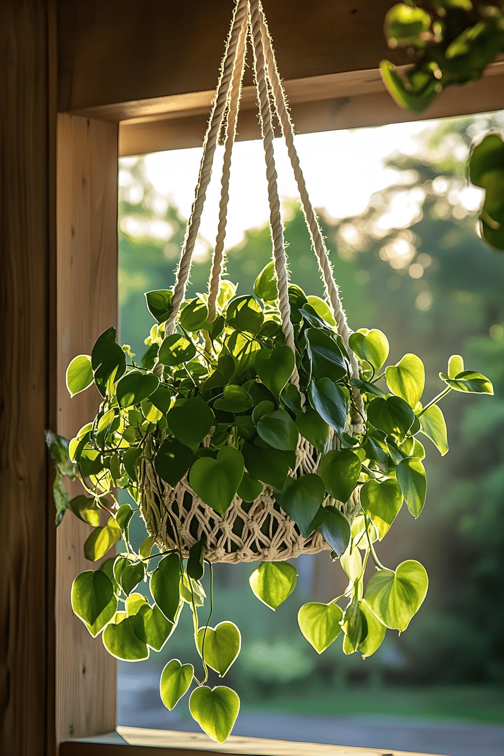 A handmade macramé planter overflowing with lush trailing plants such as String of Hearts, Golden Pothos, Dischidia ‘Million Hearts’, and Tradescantia zebrina, hangs from a rustic wooden porch in soft, diffused light illuminating the cascading tendrils.