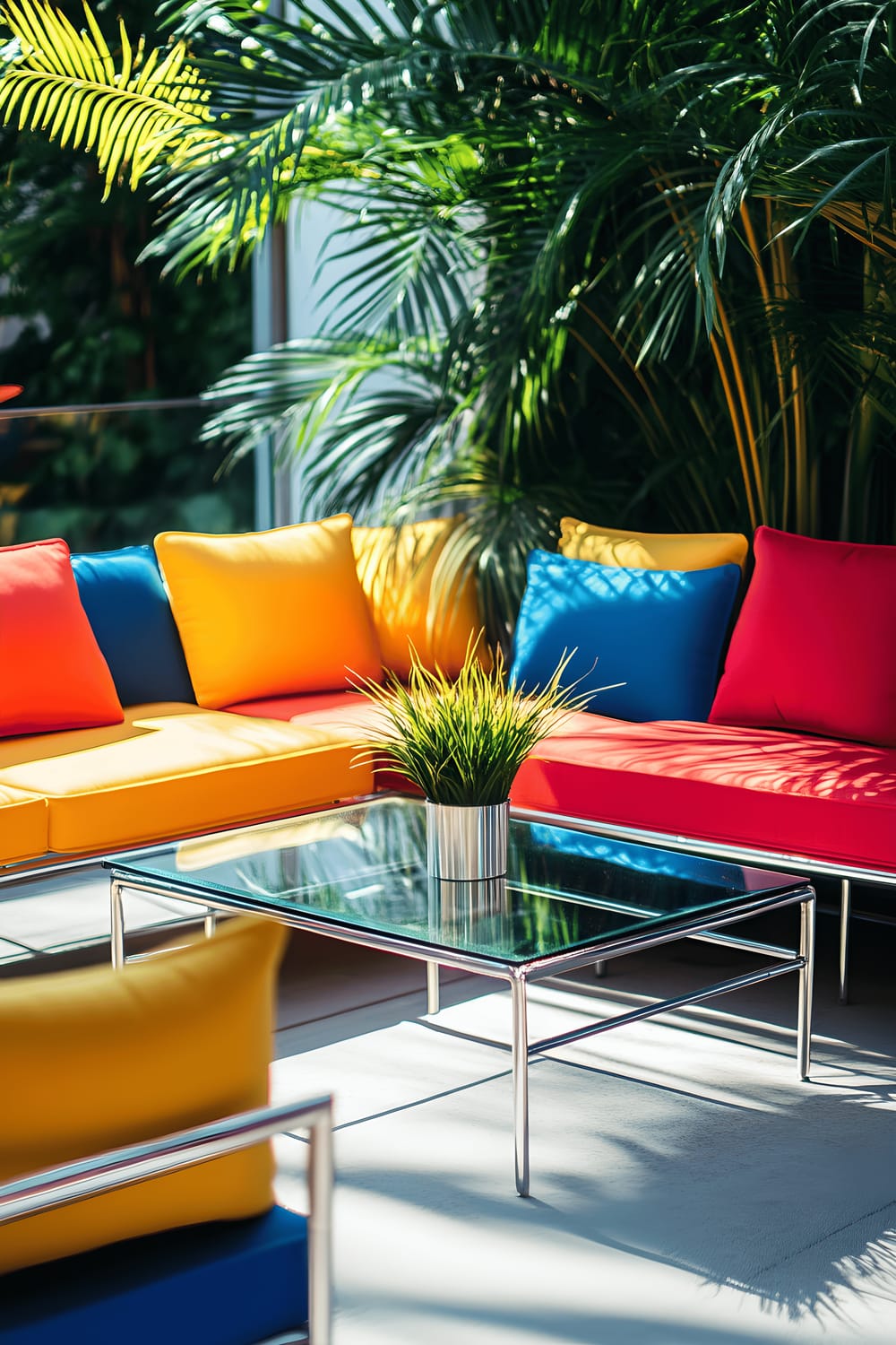 A vibrant outdoor seating arrangement with sleek metal chairs adorned with primary colored cushions. A simple glass coffee table sits in the center with a single potted plant on it. The bright daylight brings out the bold contrast of colors.