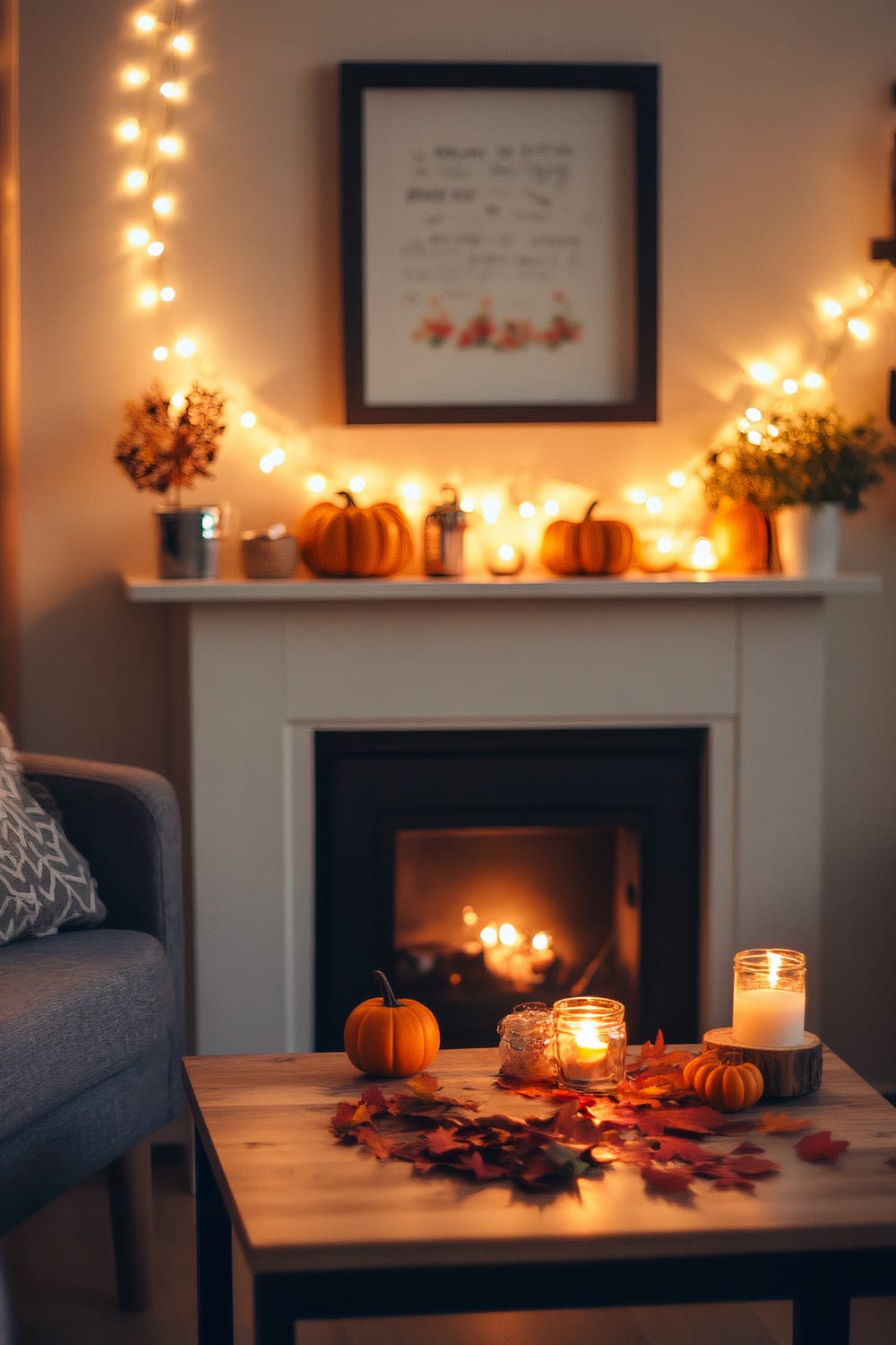 The image showcases a warm and inviting living room adorned with autumnal decorations. The centerpiece is a white mantel decorated with small pumpkins, candles, and string lights that emit a soft, golden glow. Above the mantel hangs a framed artwork, and beside it, a small plant is also visible. The fireplace is lit, casting a cozy ambiance throughout the room. In the foreground, a coffee table is decorated with more candles, a small pumpkin, and a collection of colorful autumn leaves.