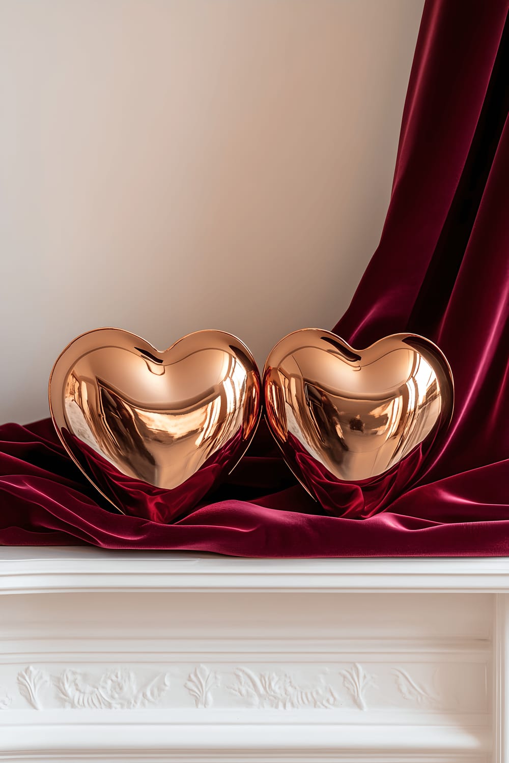 A pair of polished rose gold heart sculptures symmetrically positioned on a luscious burgundy silk fabric background. The sculptures are placed on a white mantelpiece, and they glisten under the soft warm overhead light, which brings out the luxurious patina of the silk fabric and the reflective surfaces of the hearts.