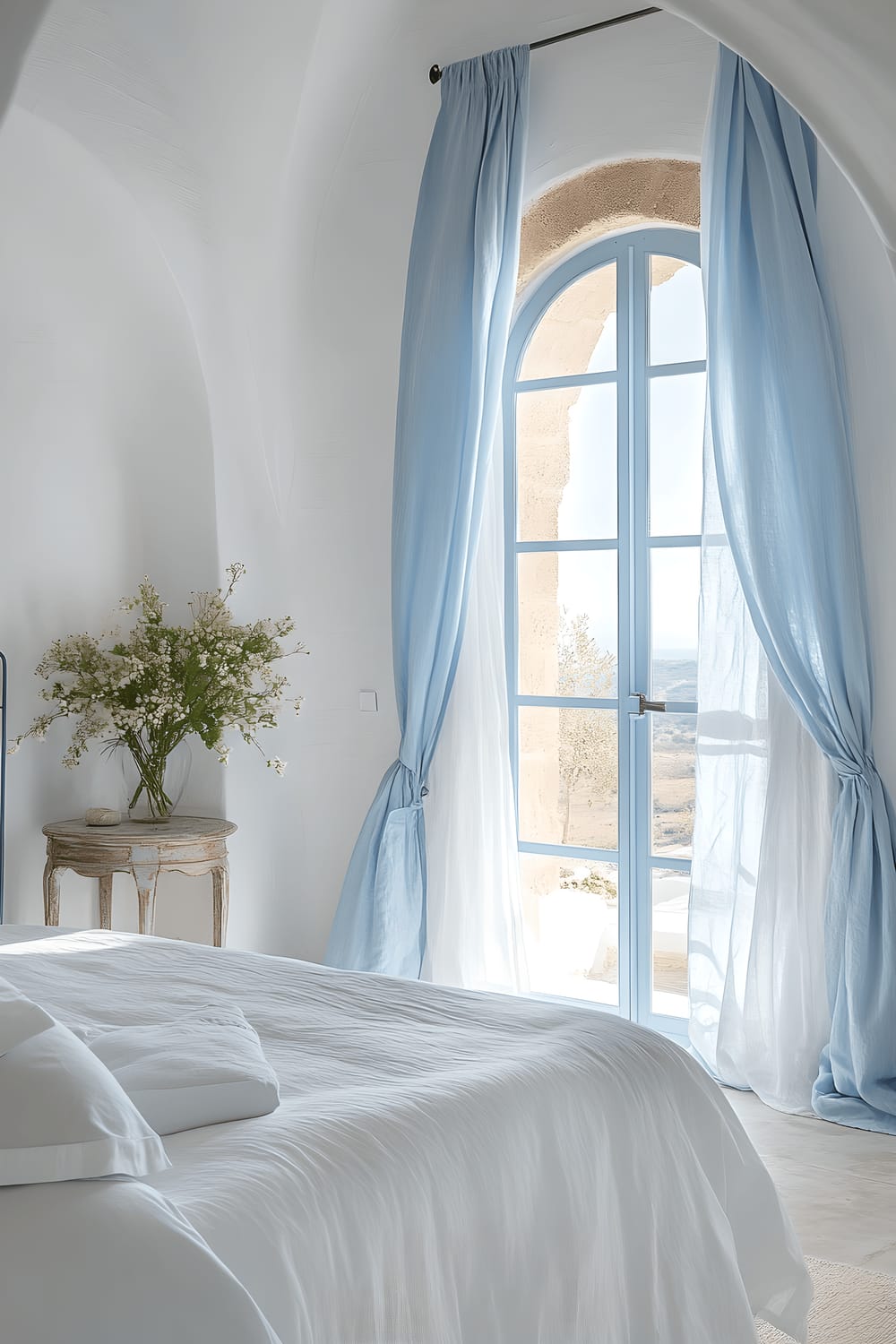 A modern Mediterranean bedroom presenting whitewashed walls and blue accents. The room features an inviting upholstered bed dressed in crisp white linens, accompanied by a dark wrought-iron bedside table bearing a petite vase with fresh flowers. Large windows with translucent blue drapes flood space with natural light. A soothing ambiance is enhanced by subtle decorative elements drawn from the Mediterranean landscape.