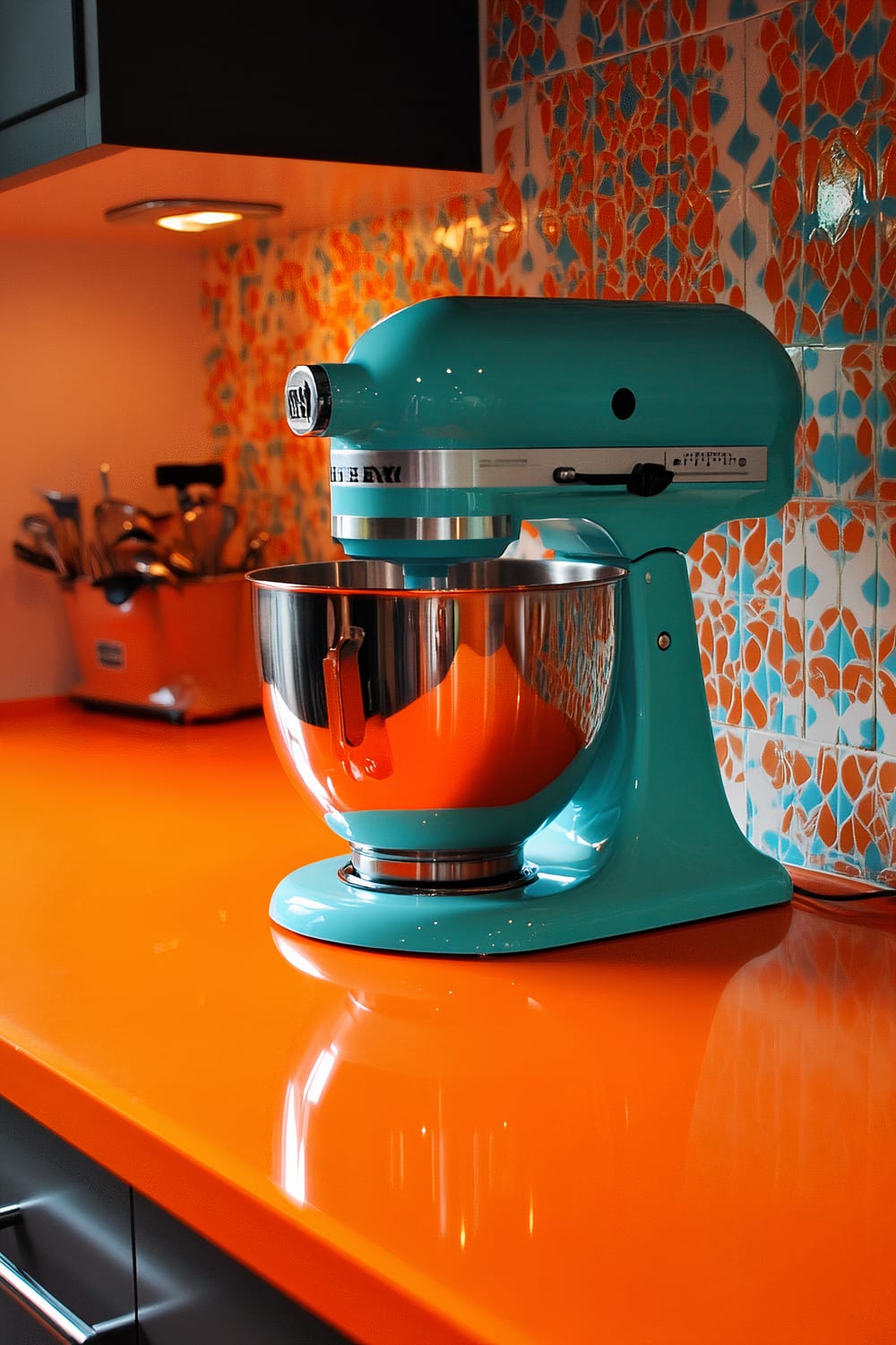 A bright turquoise vintage stand mixer placed on a bold orange countertop in a kitchen. The mixer is spotlighted against a patterned backsplash with dark cabinetry overhead. The overall setting shows a high color contrast and minimal decorative items.